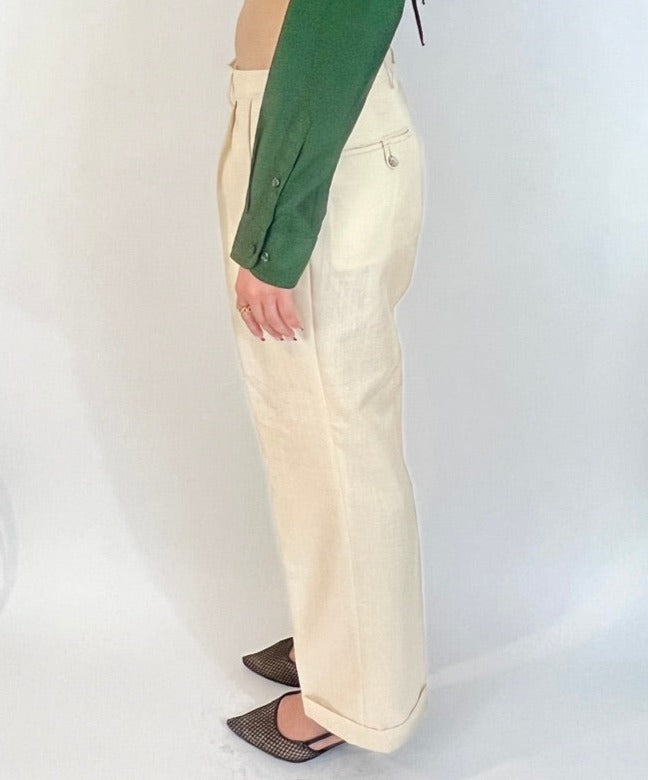 LINEN WIDE LEG PLEATED TROUSERS, EGGSHELL