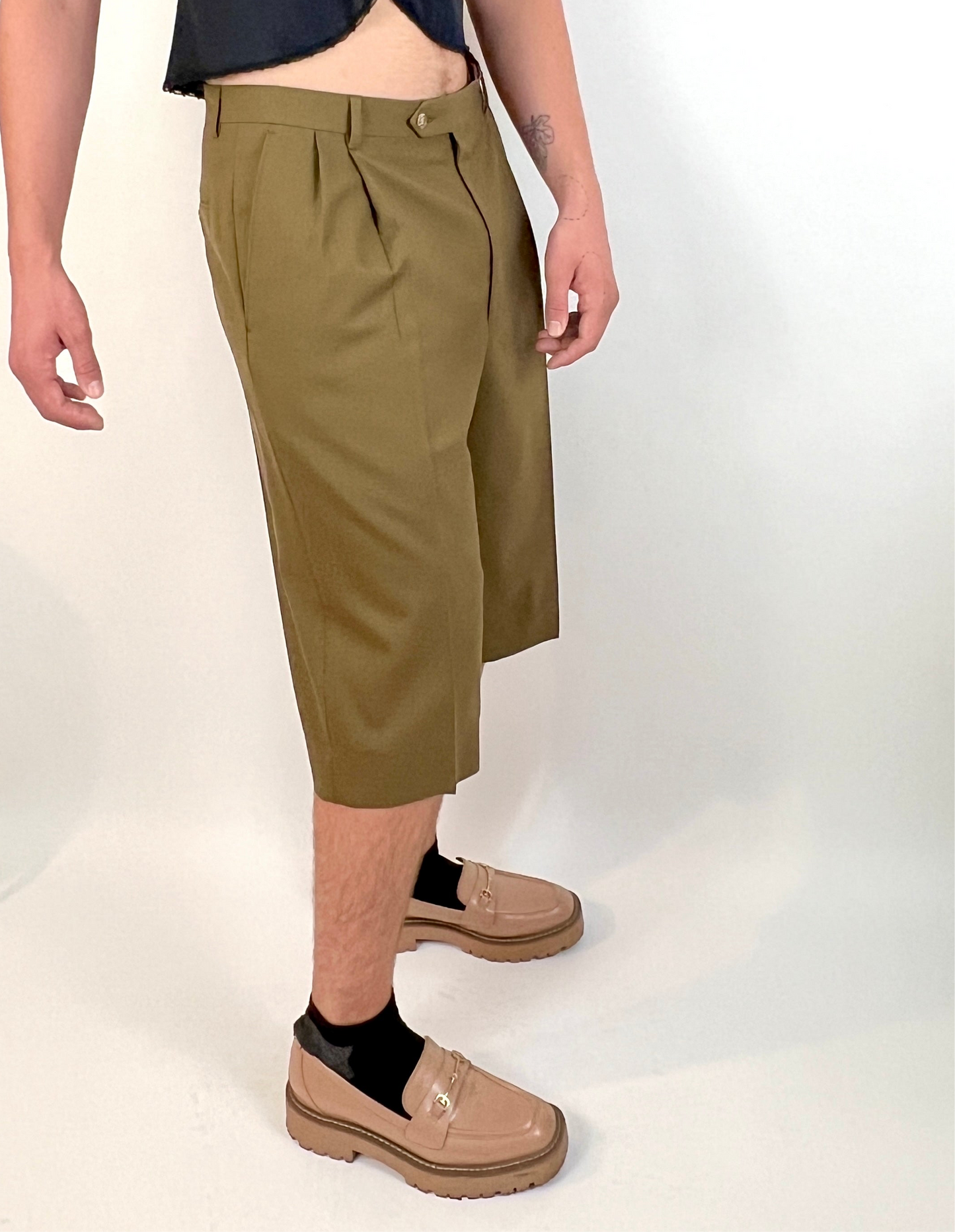 CUSTOM VTG COTTON WIDE LEG LONG SHORTS, KELP