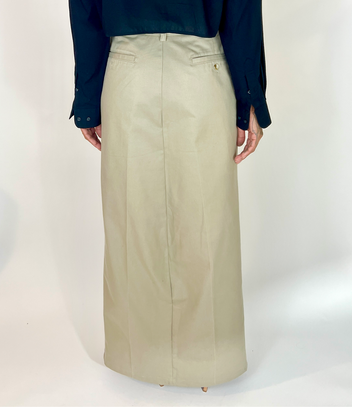 CUSTOM VTG COTTON TROUSER MAXI SKIRT, ALMOND