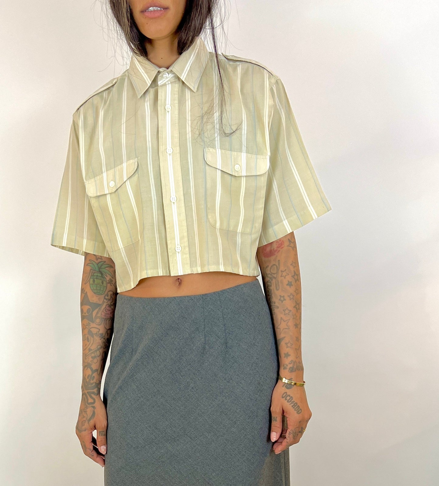 CUSTOM VTG DIOR OXFORD, BEIGE STRIPE. CROPPED