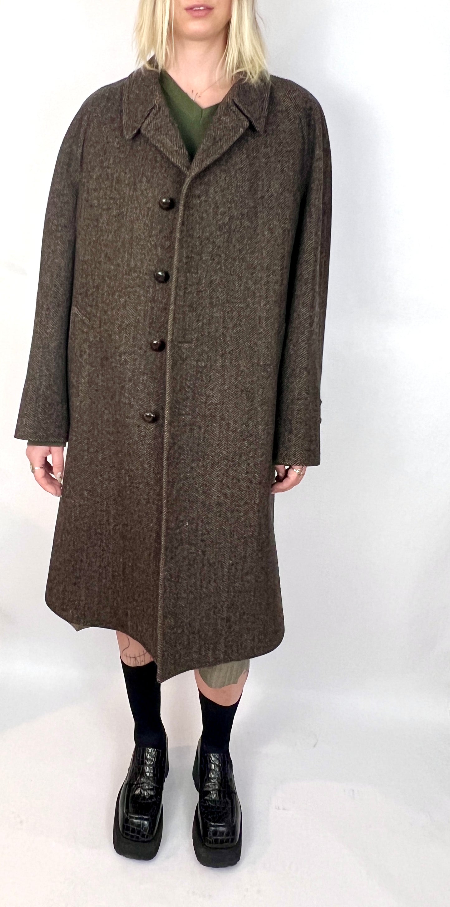 YVES SAINT LAURENT OVERSIZED WOOL COAT, EARTH TONE WEAVE