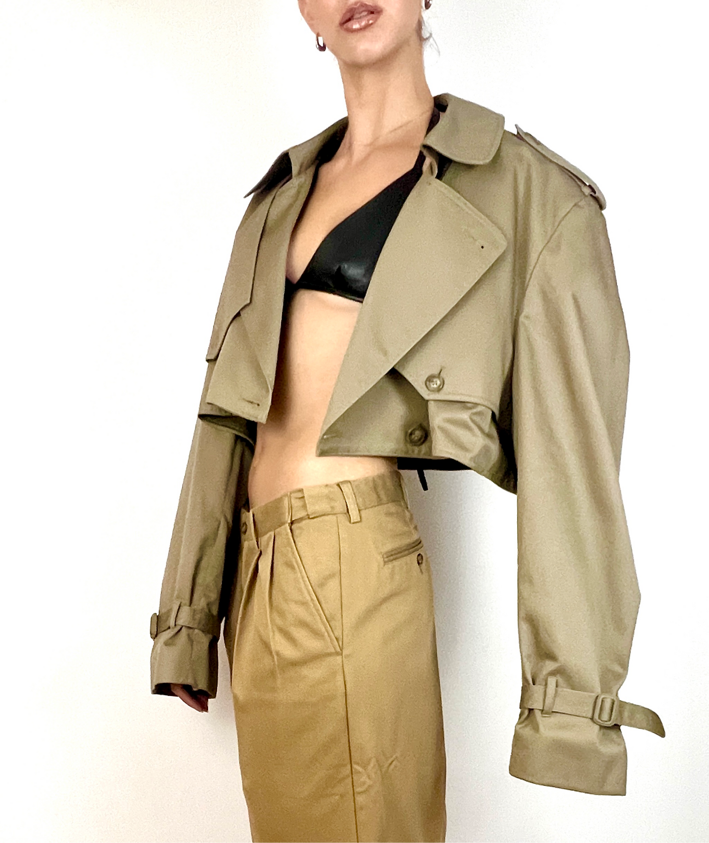 CUSTOM VTG OVERSIZED TRENCH, CROPPED JACKET. SAGE