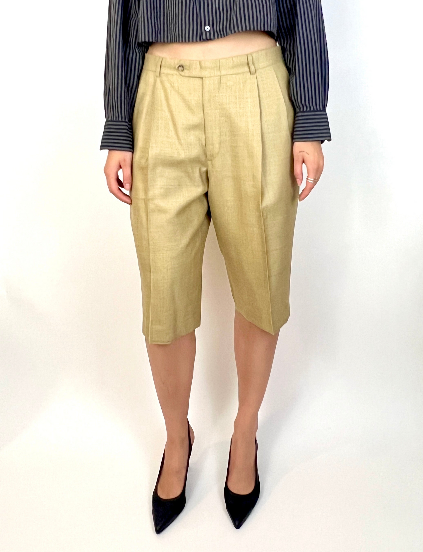 CUSTOM VTG WOOL PLEATED WIDE LEG SHORTS, BEIGE WEAVE