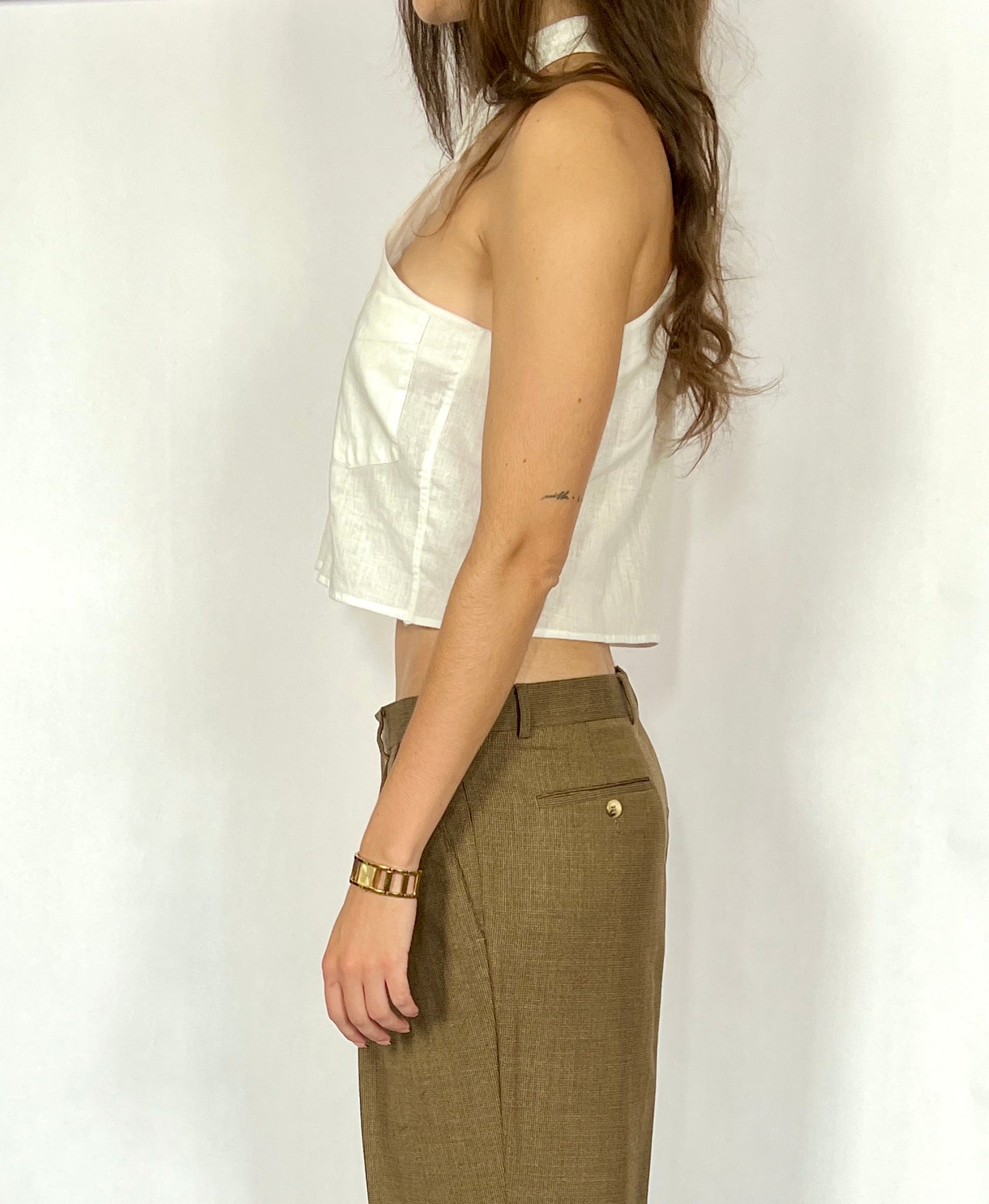 CUSTOM VTG LINEN OXFORD, ICE.  CROPPED, ONE SHOULDER