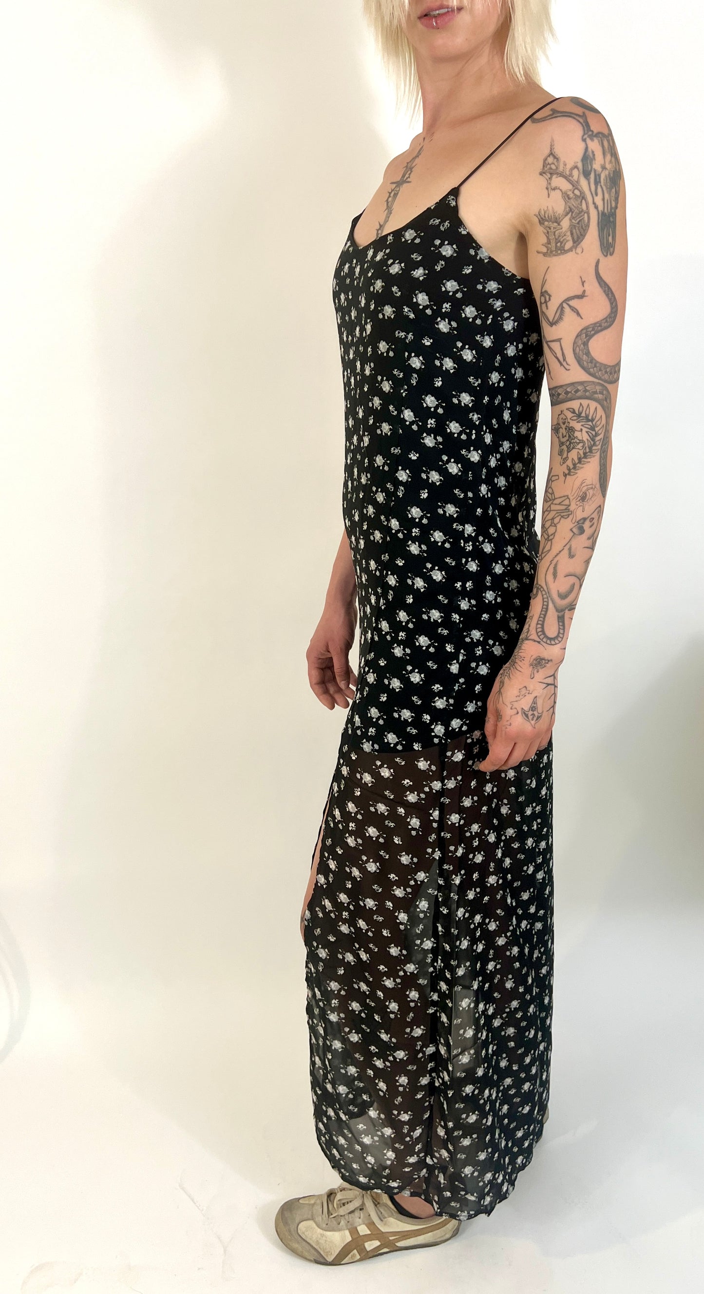 ARCHIVES: BLACK FLORAL CREPE SLIP DRESS