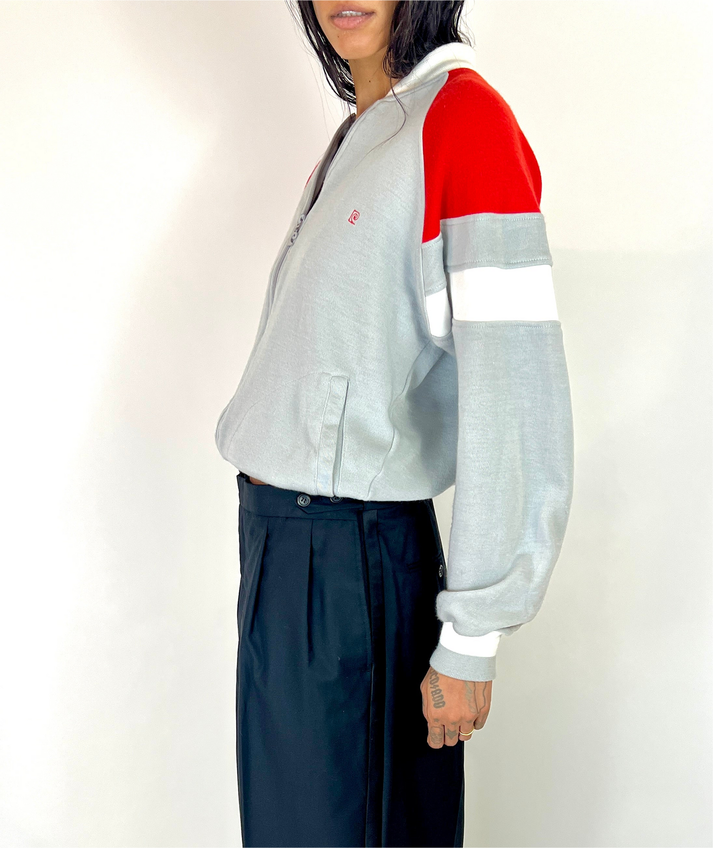 1980S PIERRE CARDIN ZIP SWEATSHIRT HOODIE, RED/GREY