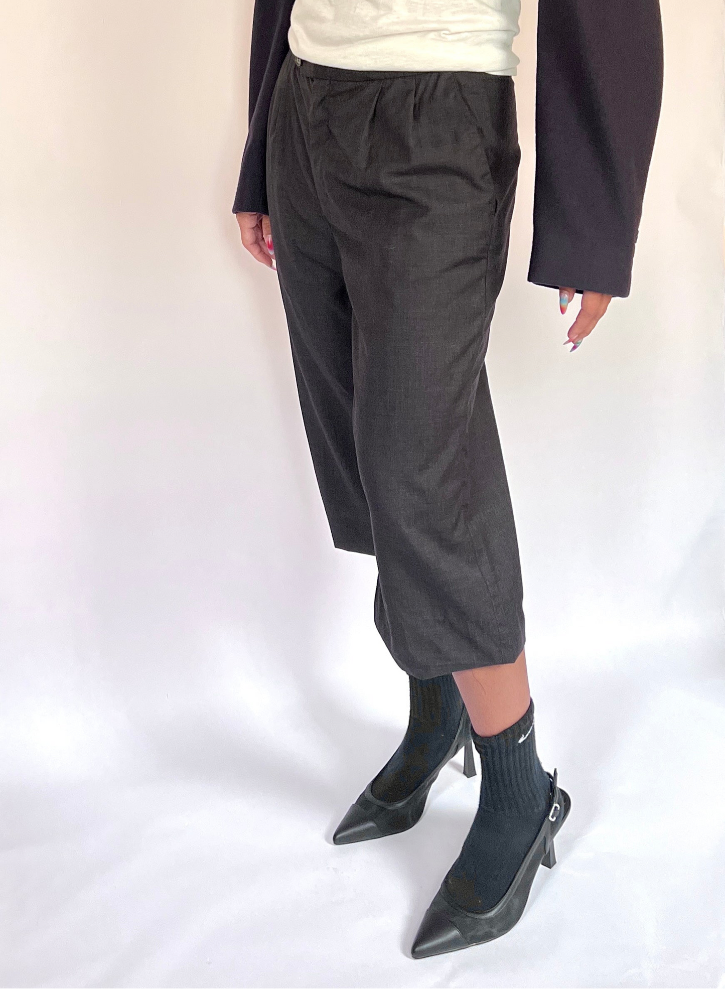CUSTOM VTG WOOL PLEATED LONG SHORTS, GRAPHITE
