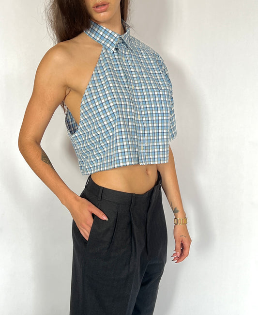 CUSTOM VTG COTTON OXFORD, BLUE PLAID.  CROPPED, ONE SHOULDER.