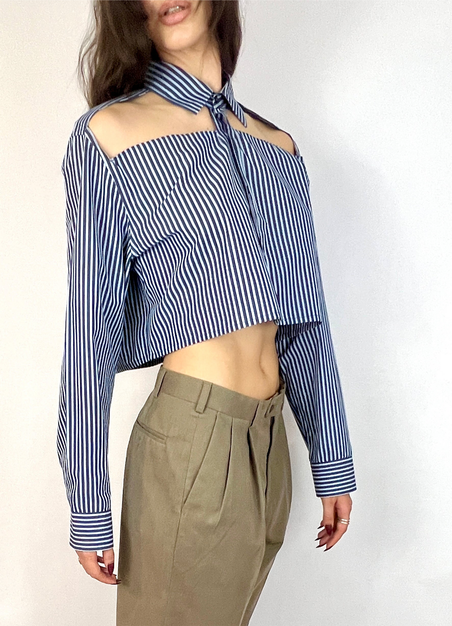 CUSTOM VTG HUGO BOSS OXFORD, BLUE STRIPE.  CROPPED, CUT-OUT COLLAR