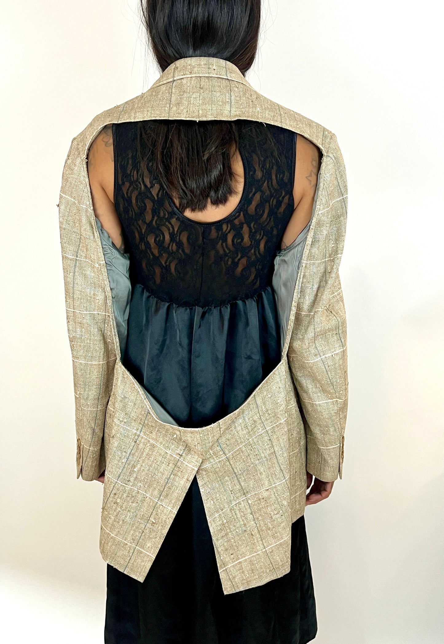 CUSTOM VTG OVERSIZED SILK BLAZER, MULTI BLOCK PLAID. OPEN BACK