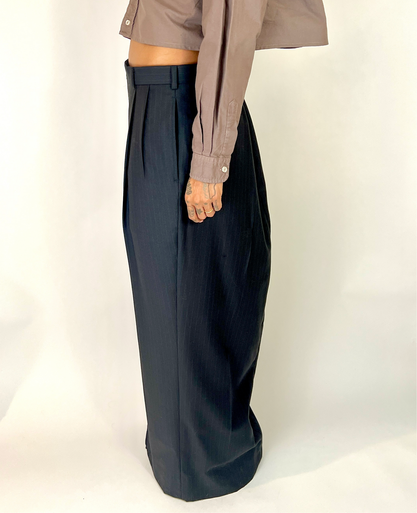 CUSTOM VTG WOOL TROUSER MAXI SKIRT, DEEP GRAY PINSTRIPE