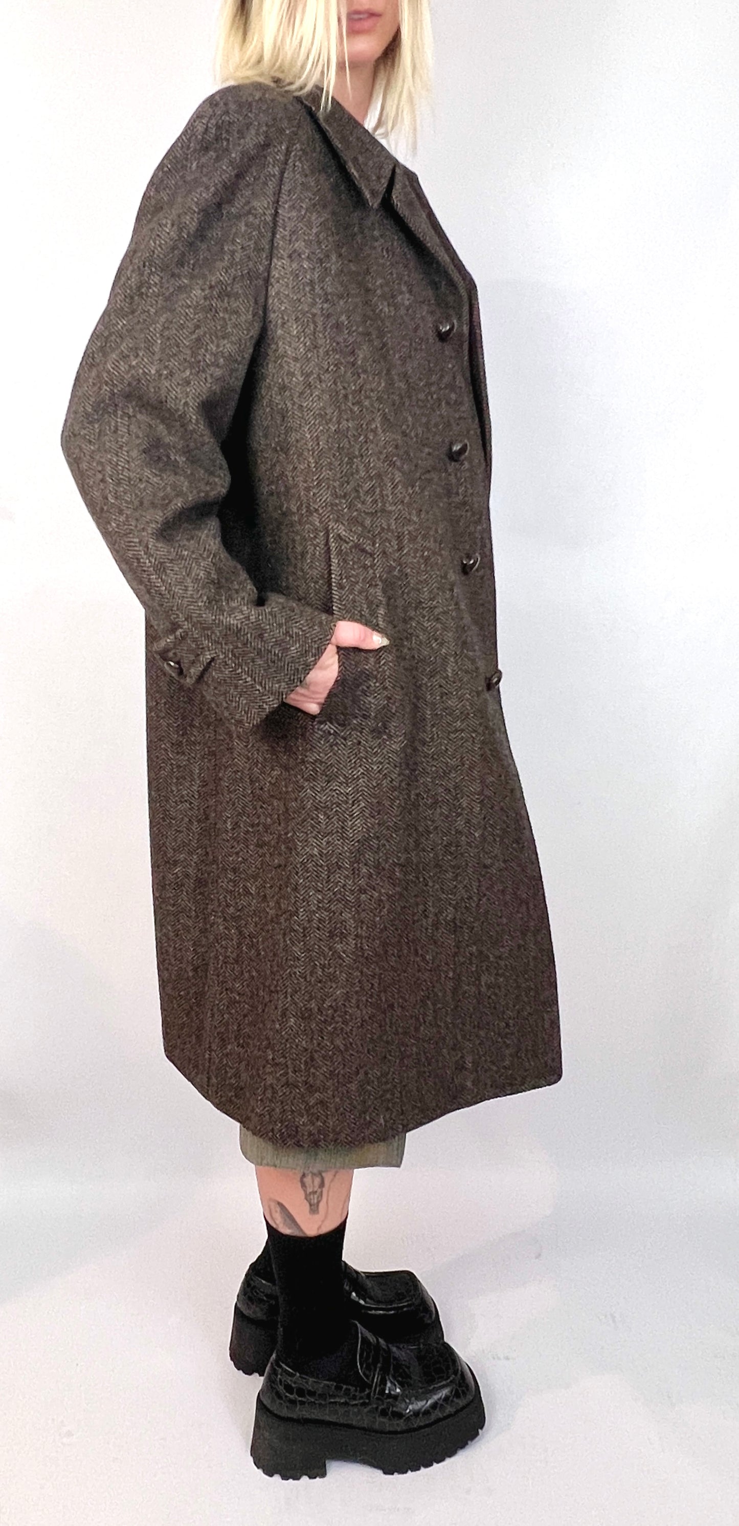 YVES SAINT LAURENT OVERSIZED WOOL COAT, EARTH TONE WEAVE