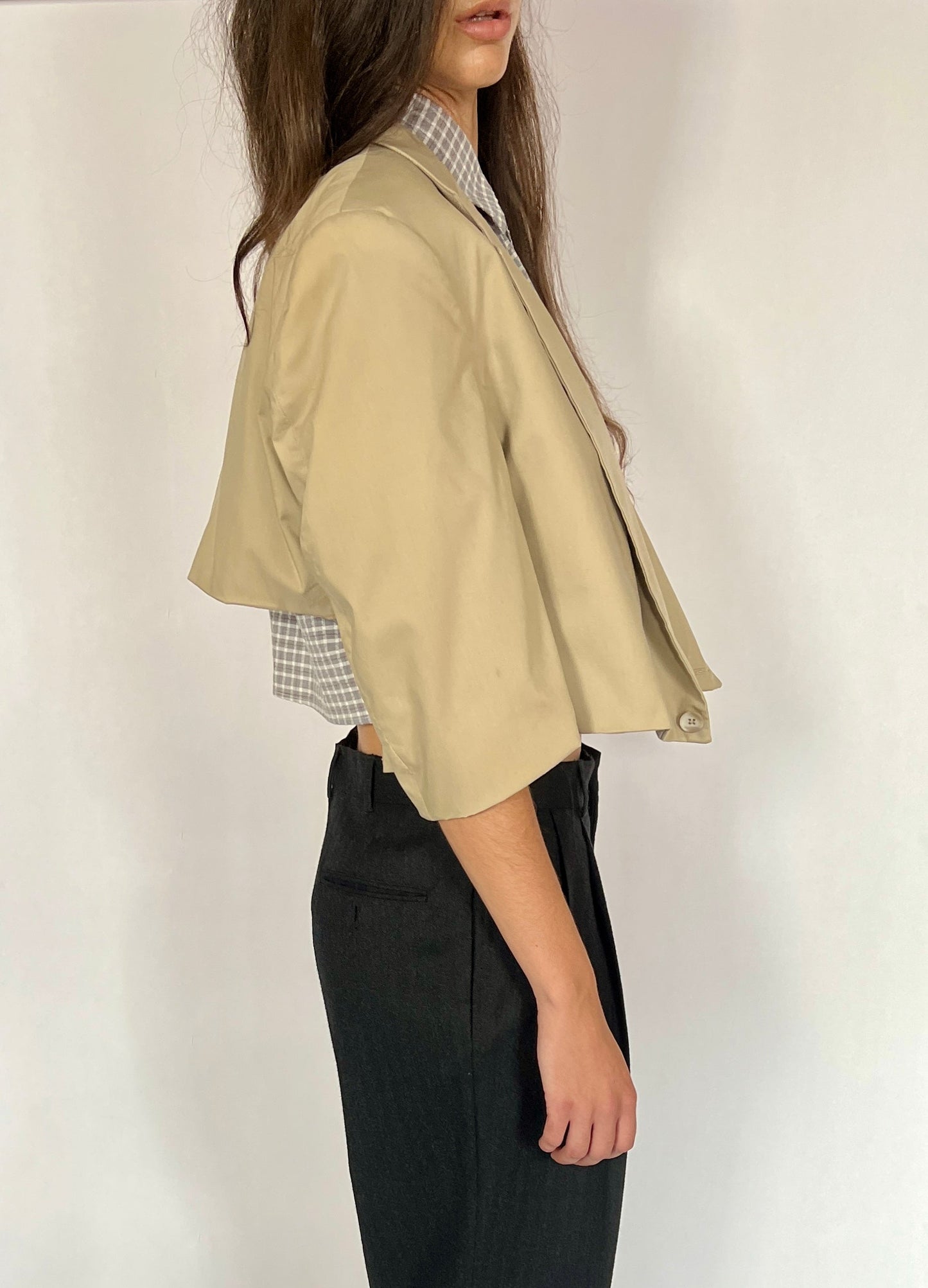 CUSTOM VTG COTTON OVERSIZED BLAZER, MUD.  CROPPED, HIGH BACK.