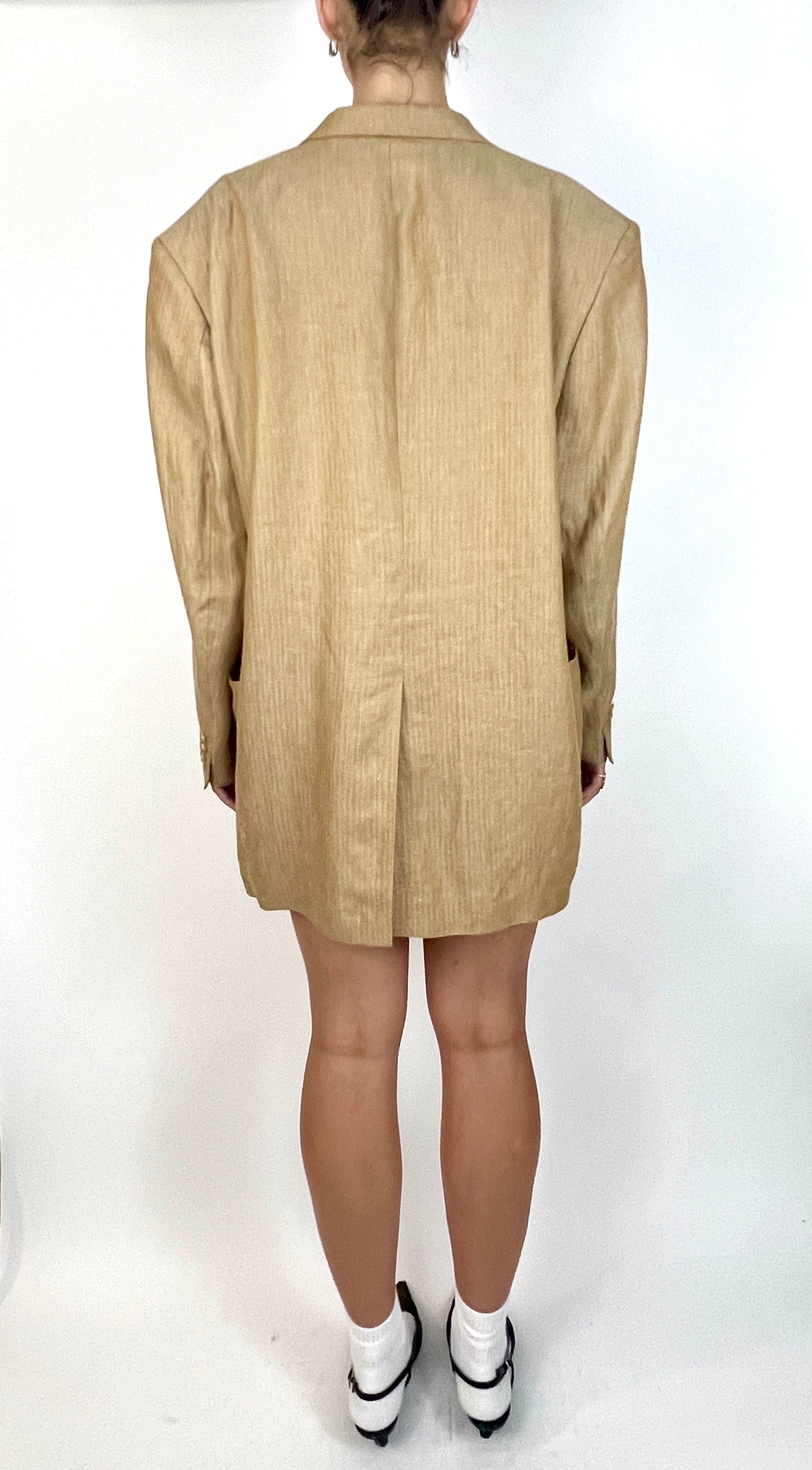 CUSTOM VTG SILK OVERSIZED BLAZER, CUT-OUT. BEIGE CHEVRON WEAVE