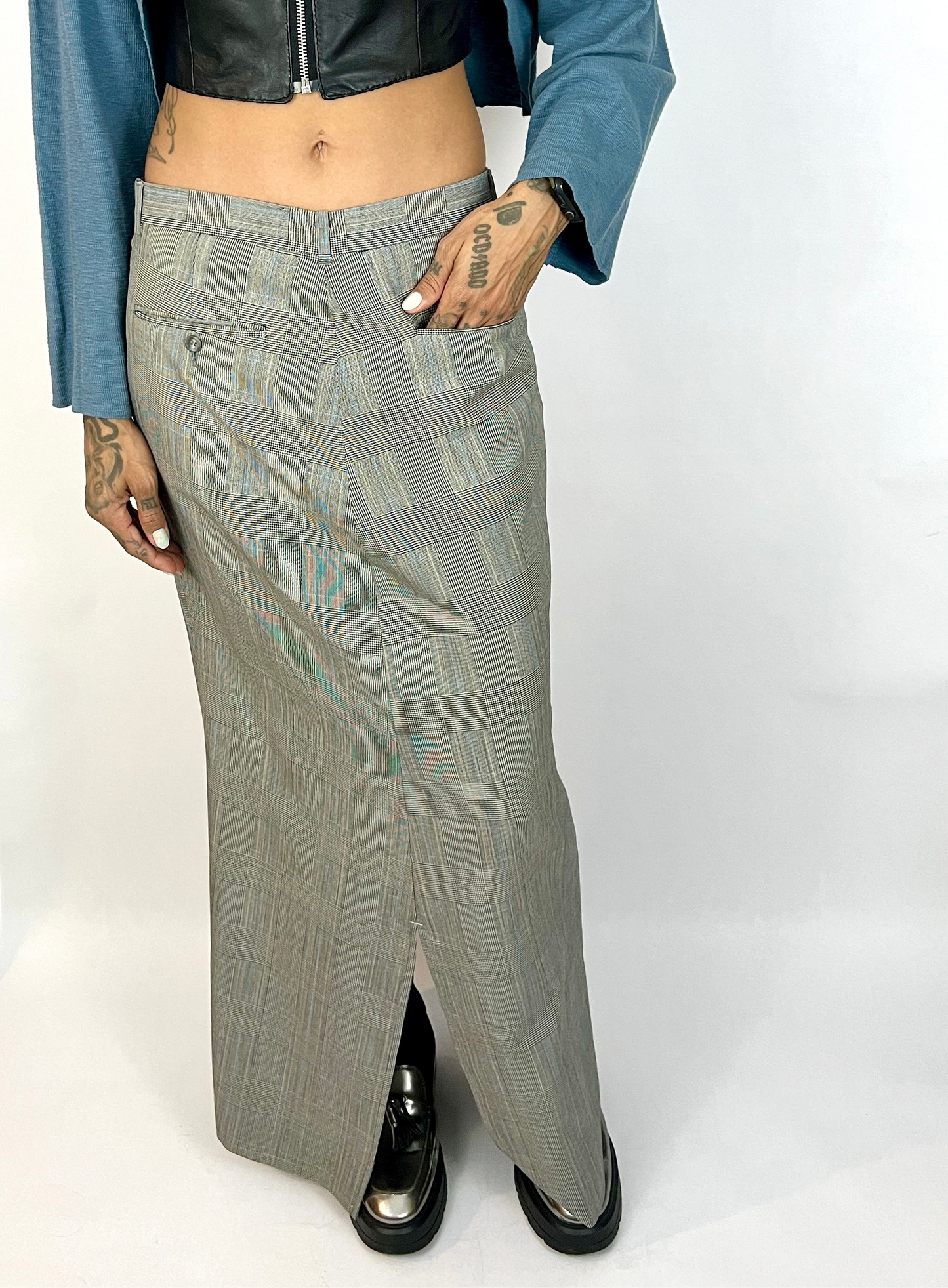 CUSTOM VTG WOOL BOXY SUIT, TROUSER MAXI. MICRO HOUNDSTOOTH PLAID