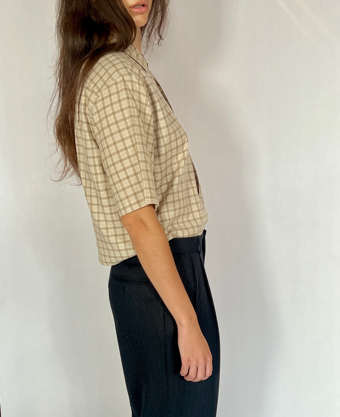 CUSTOM VTG COTTON OXFORD, SEXY BEIGE PLAID.  CROPPED, ONE SHOULDER.