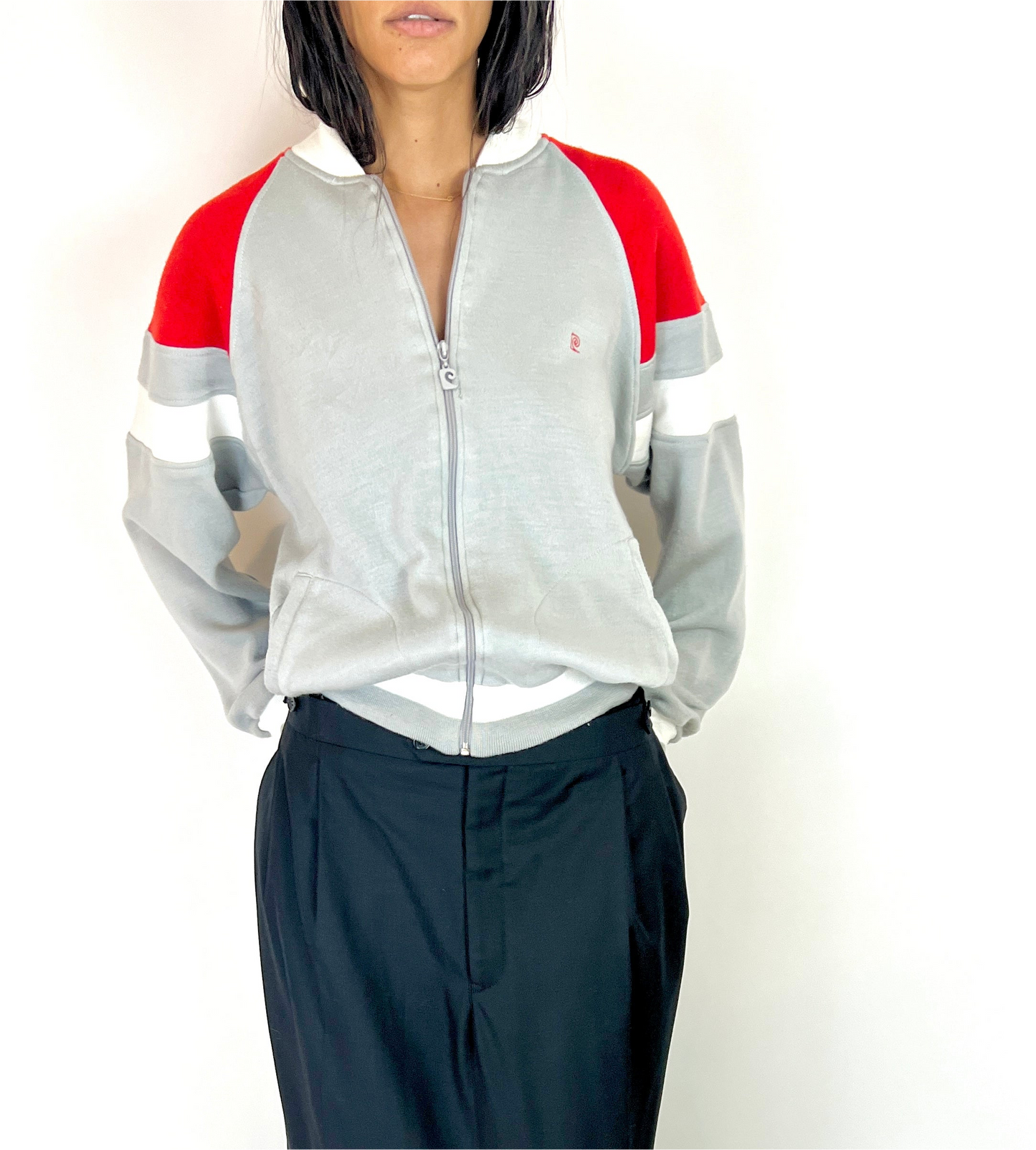 1980S PIERRE CARDIN ZIP SWEATSHIRT HOODIE, RED/GREY