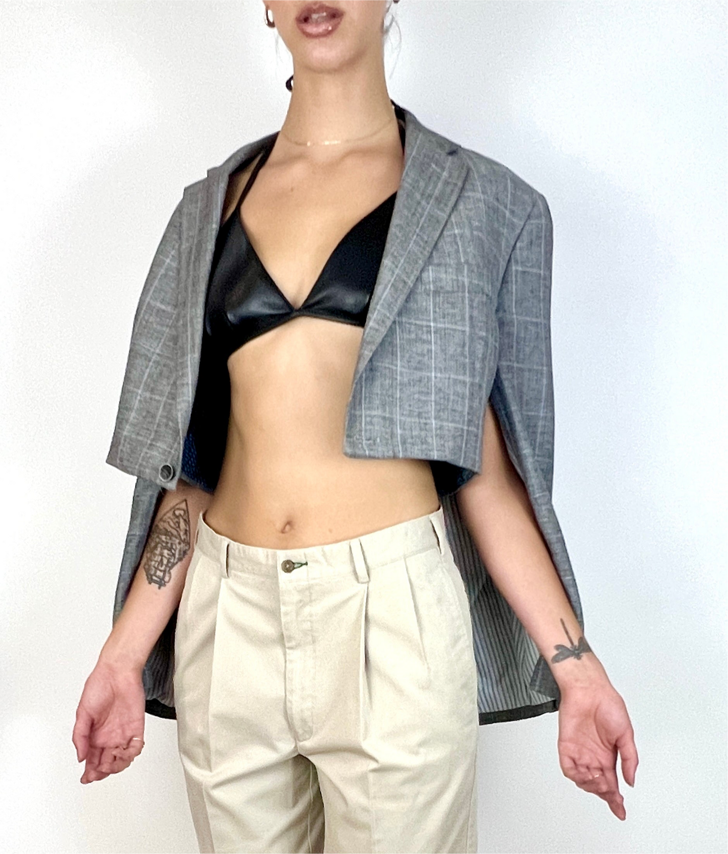 CUSTOM VTG OVERSIZED COTTON BLAZER, CAPE. GREY CHECK PLAID