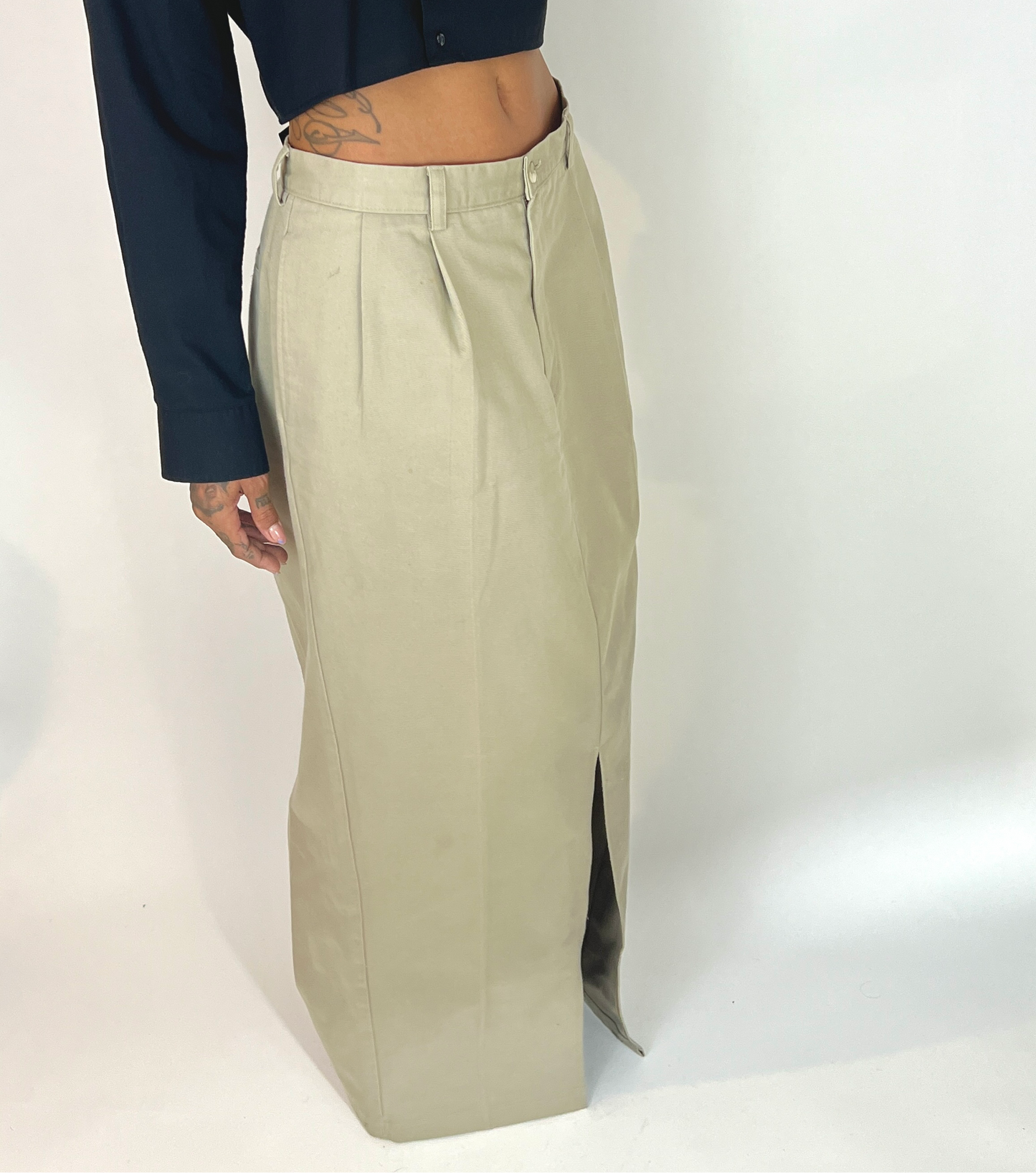 CUSTOM VTG COTTON TROUSER MAXI SKIRT, ALMOND