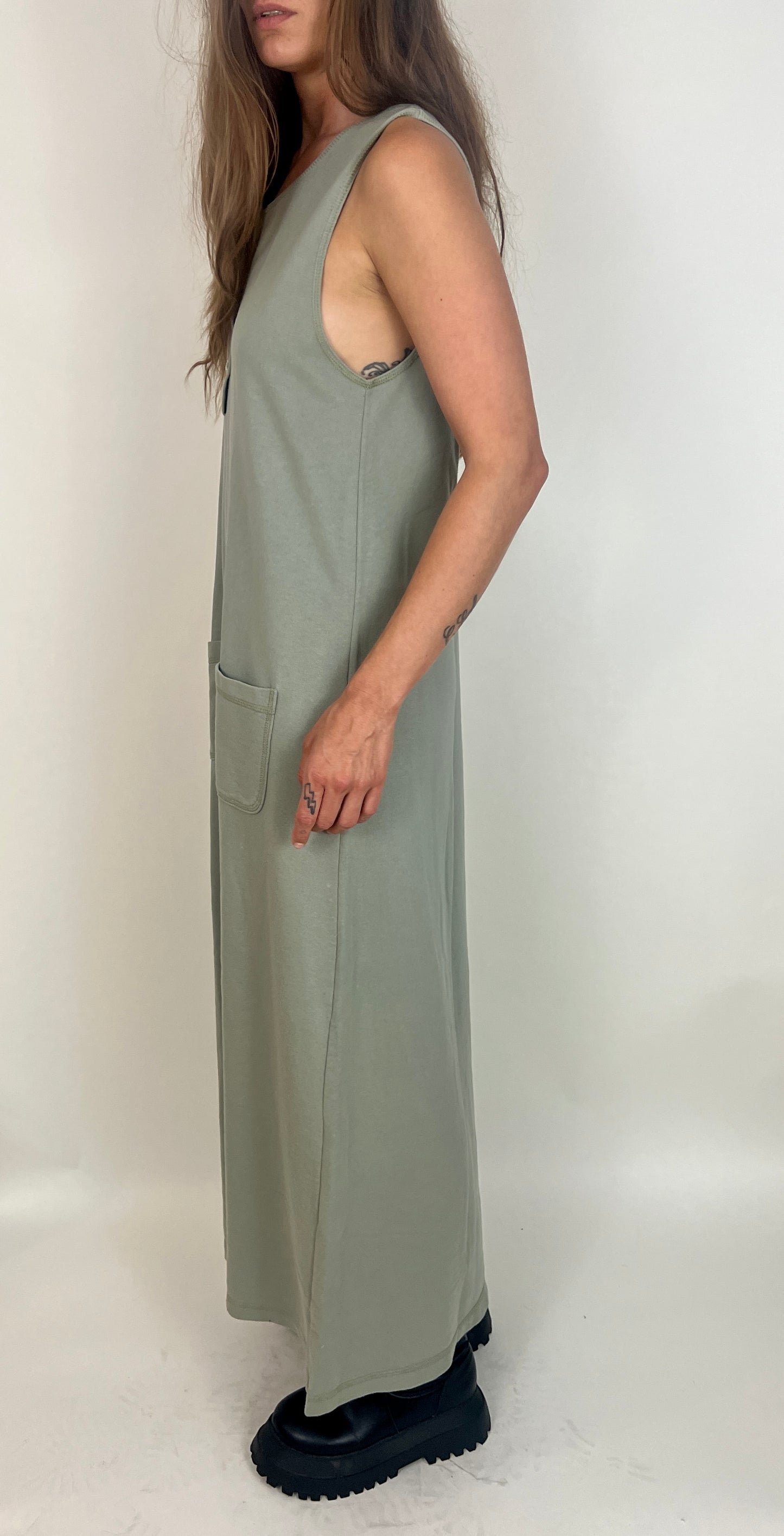 SLINKY COTTON GRUNGE MAXI DRESS, MOSS