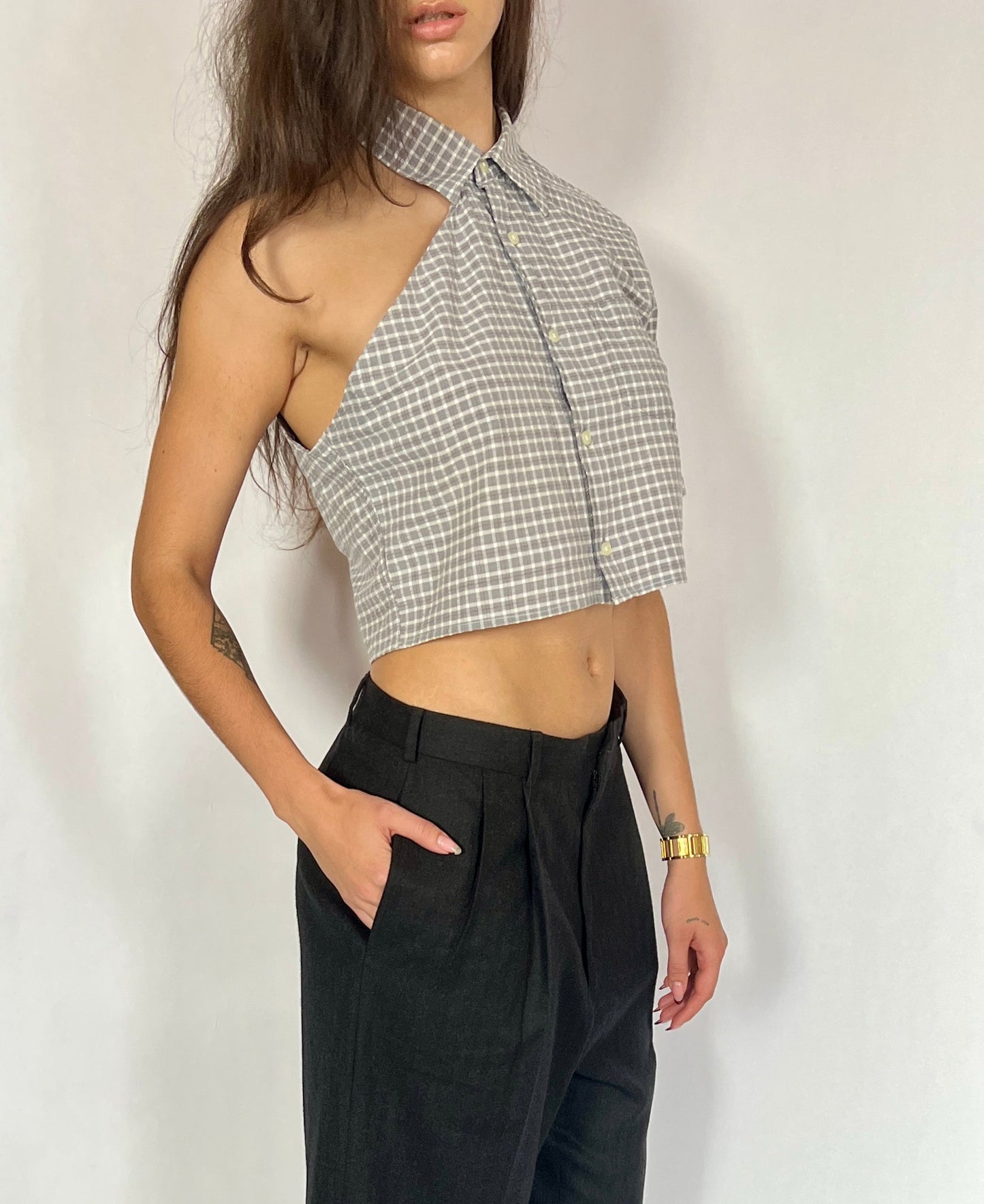CUSTOM VTG COTTON OXFORD, GRAY PLAID.  CROPPED, ONE SHOULDER.