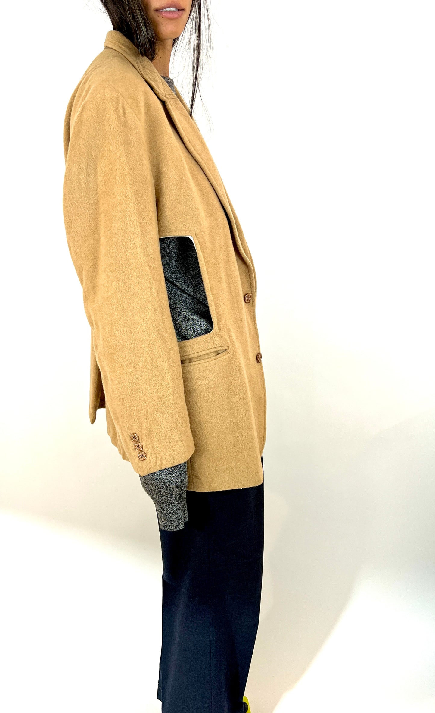 CUSTOM VTG CUT-OUT CAMELHAIR BLAZER, BRITTLE