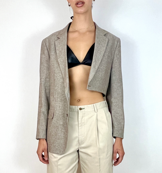 CUSTOM VTG OVERSIZED COTTON BLAZER, HALF CROP. PEBBLE