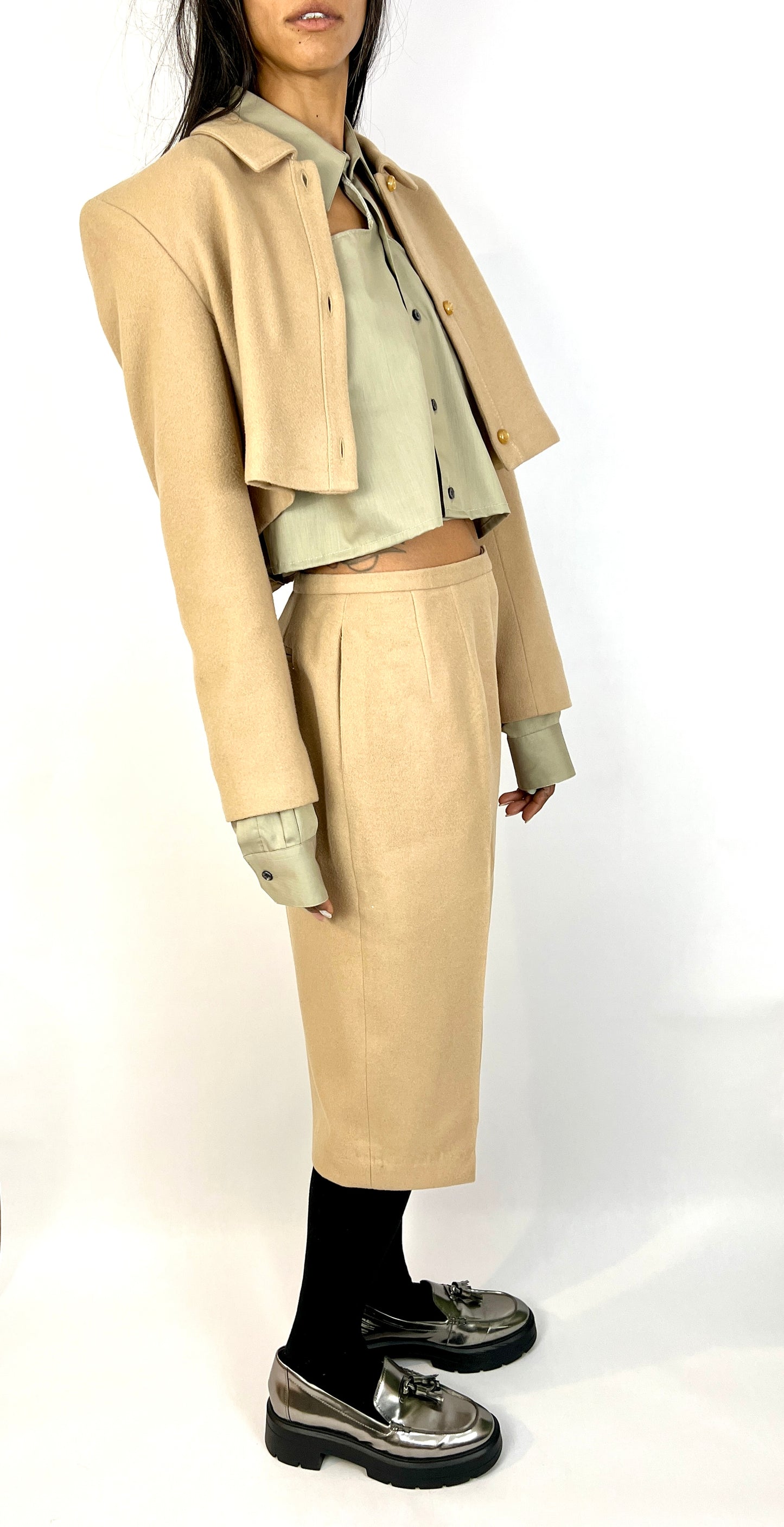 CUSTOM VTG CAMEL HAIR BOXY SUIT, CROPPED, LONG SHORTS. TRADITIONAL