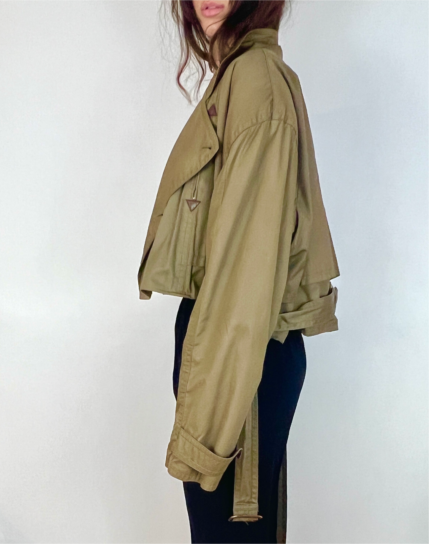 CUSTOM VTG OVERSIZED TRENCH, CROPPED JACKET. ARTICHOKE