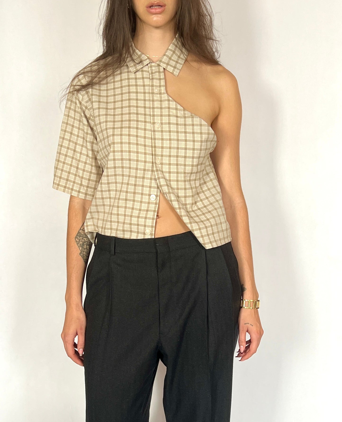 CUSTOM VTG COTTON OXFORD, SEXY BEIGE PLAID.  CROPPED, ONE SHOULDER.