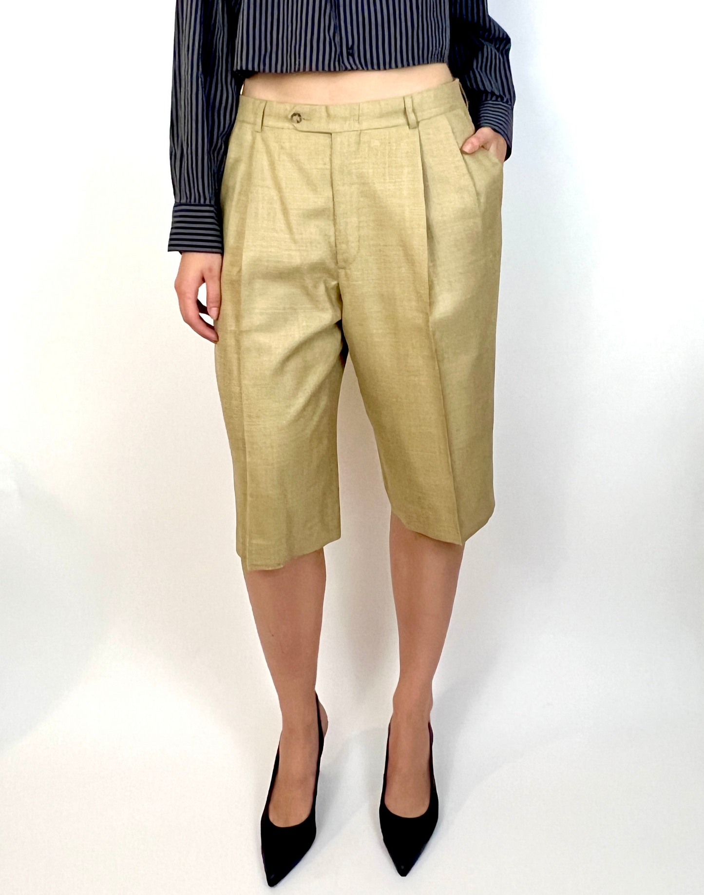 CUSTOM VTG WOOL PLEATED WIDE LEG SHORTS, BEIGE WEAVE