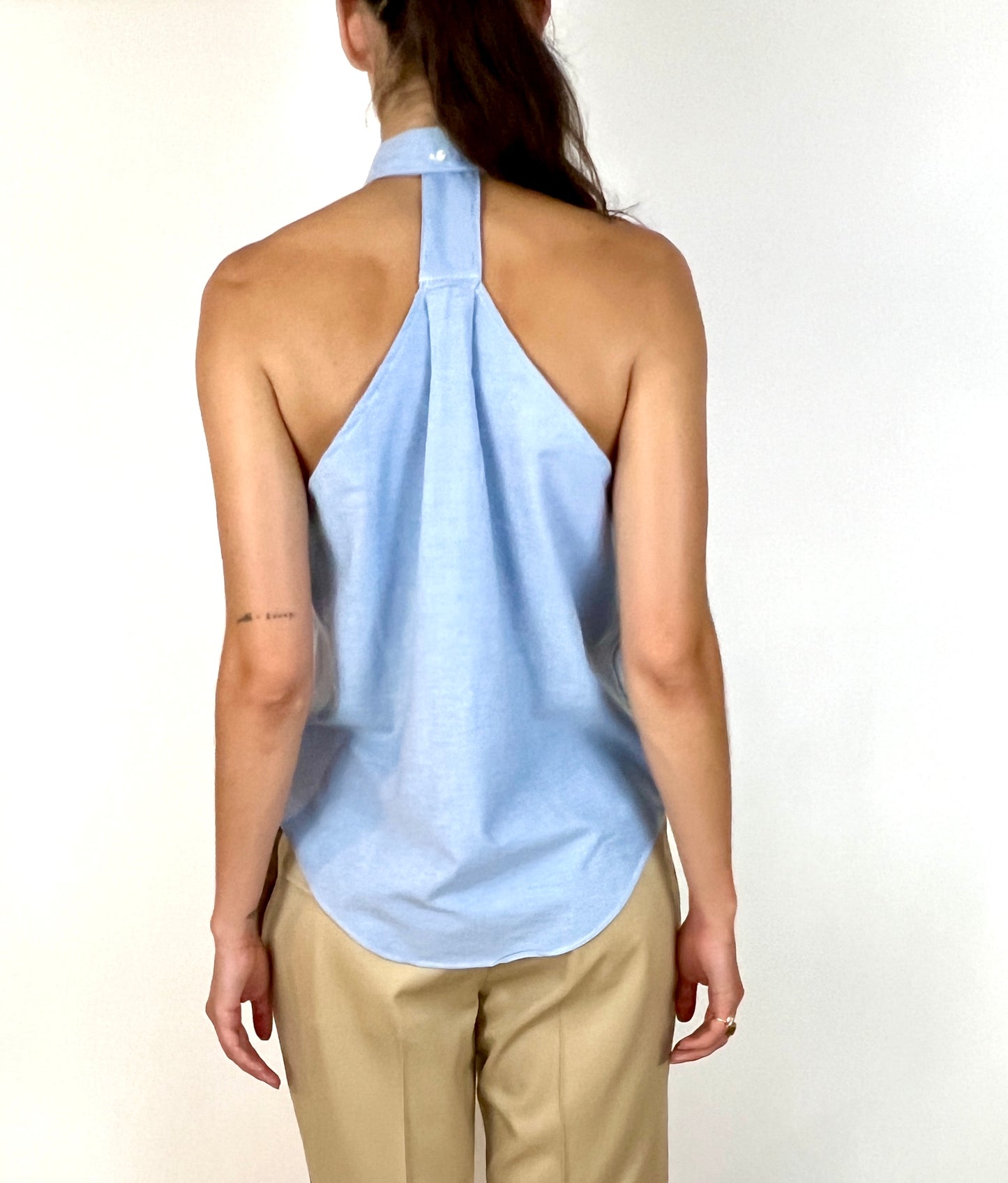 CUSTOM VTG COTTON OXFORD, SCALLOPED HALTER. BLUE SKY