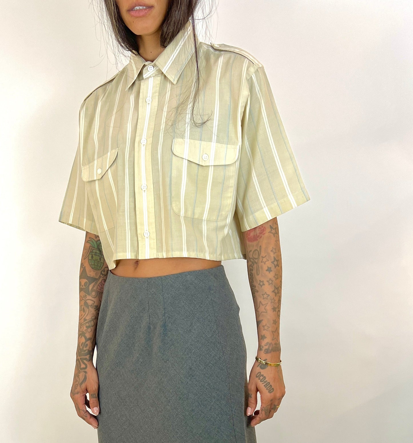 CUSTOM VTG DIOR OXFORD, BEIGE STRIPE. CROPPED