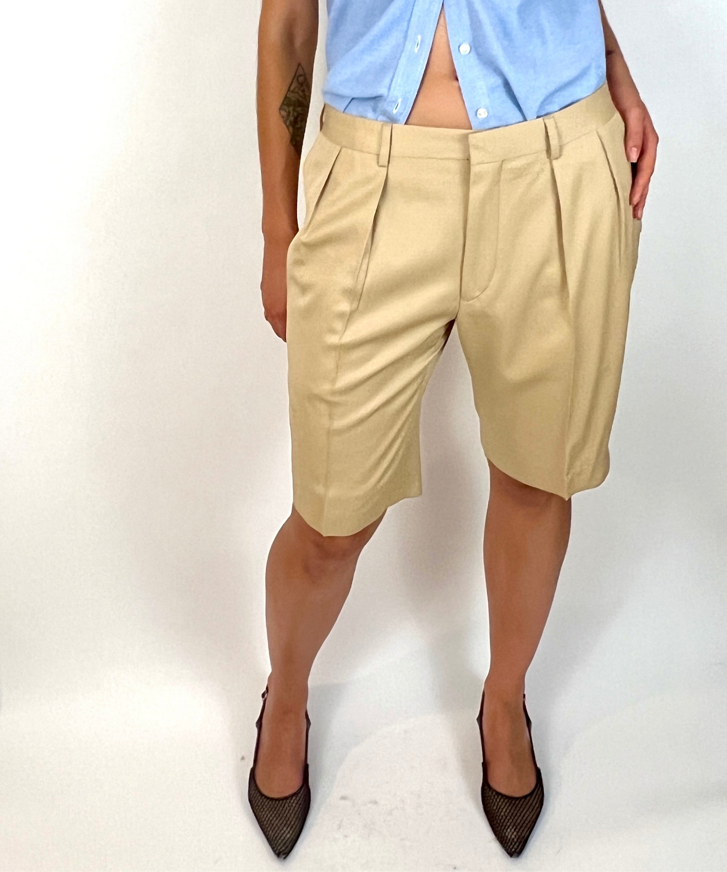 CUSTOM VTG COTTON WIDE LEG BERMUDA SHORTS, SCONE