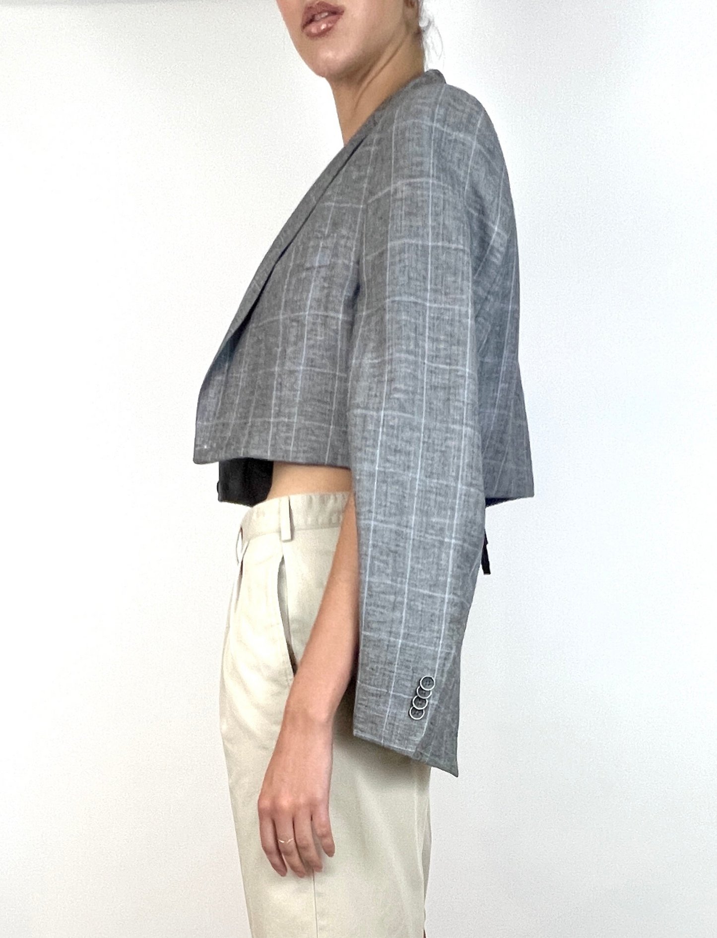 CUSTOM VTG OVERSIZED COTTON BLAZER, CAPE. GREY CHECK PLAID