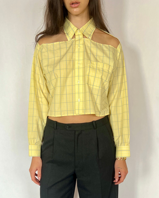 CUSTOM VTG COTTON OXFORD, FOLIAGE.  CROPPED, CUT-OUT COLLAR