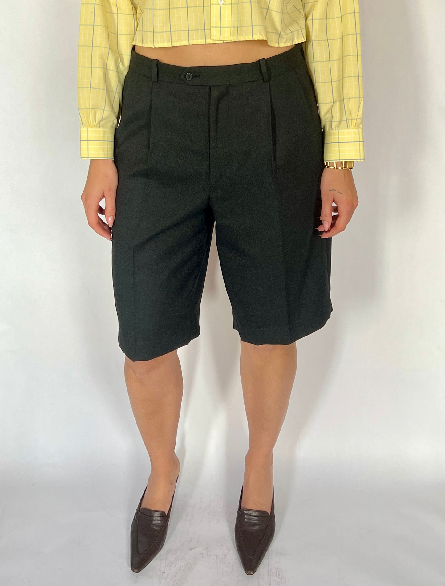 CUSTOM VTG WOOL PLEATED LONG SHORTS, CHAR
