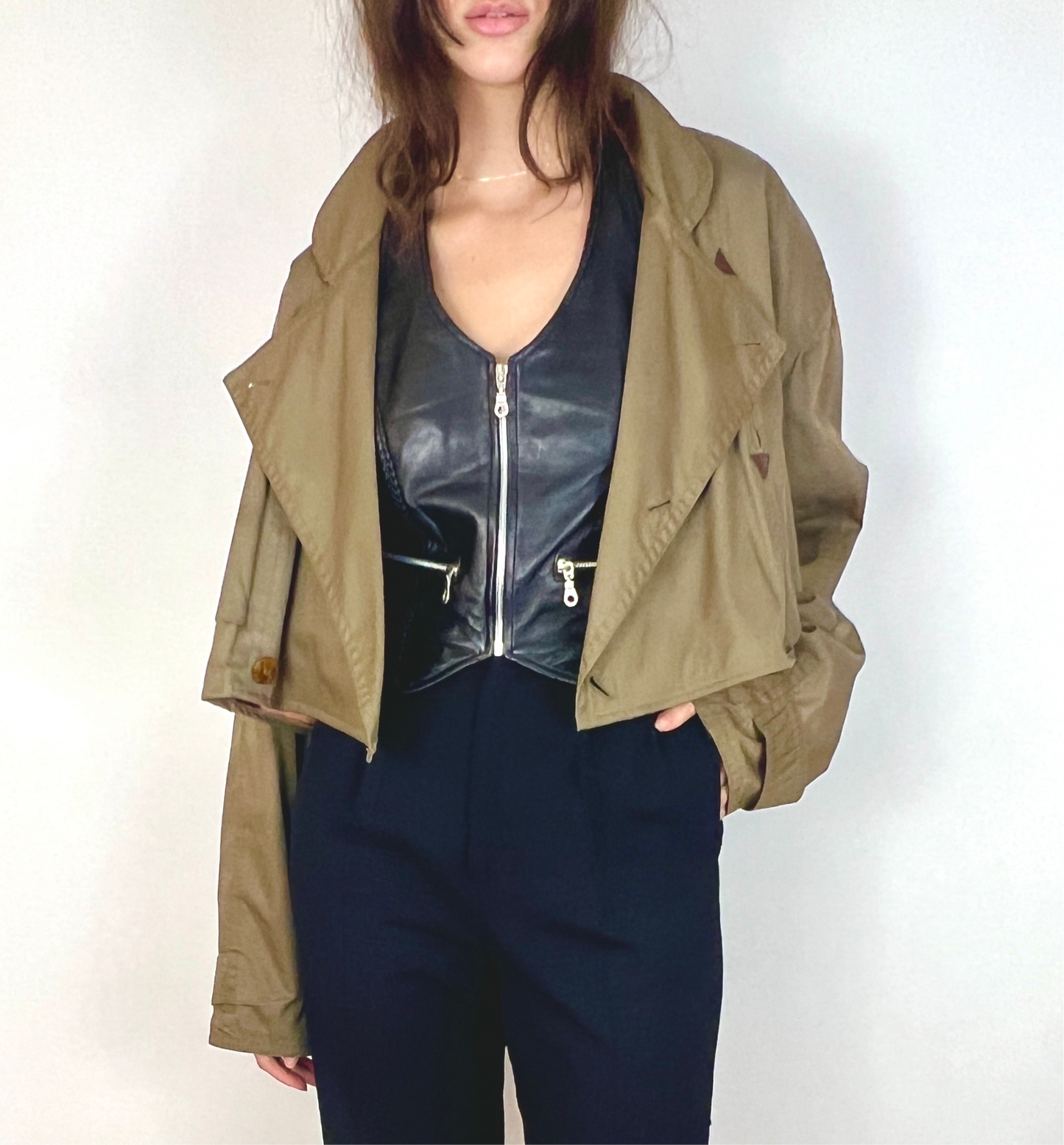 CUSTOM VTG OVERSIZED TRENCH, CROPPED JACKET. ARTICHOKE