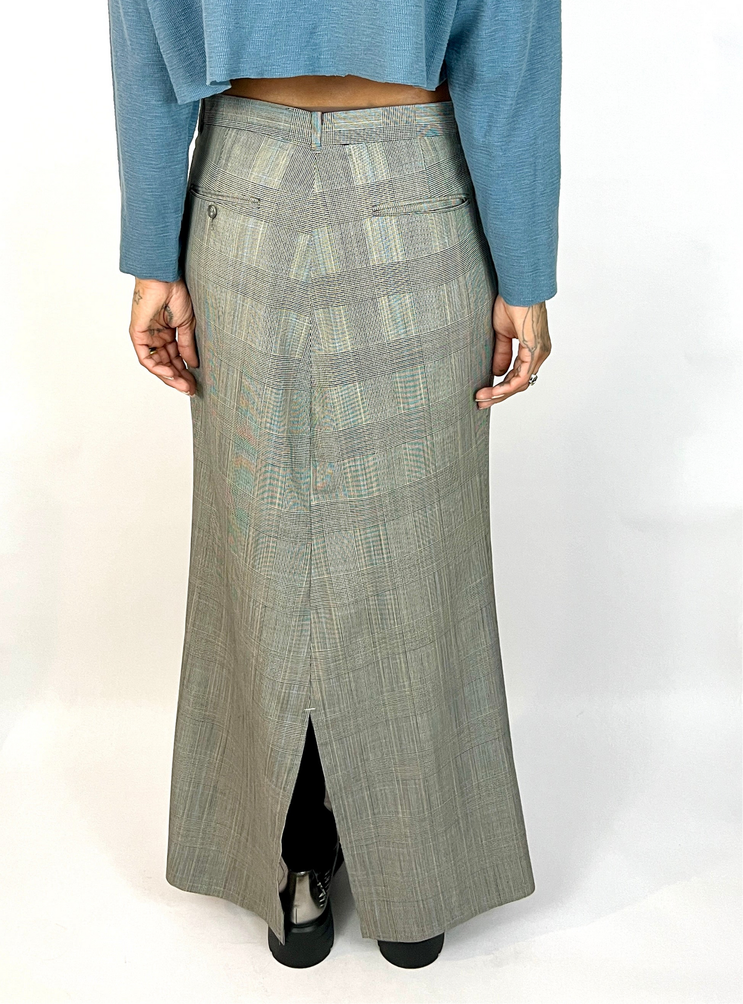 CUSTOM VTG WOOL BOXY SUIT, TROUSER MAXI. MICRO HOUNDSTOOTH PLAID