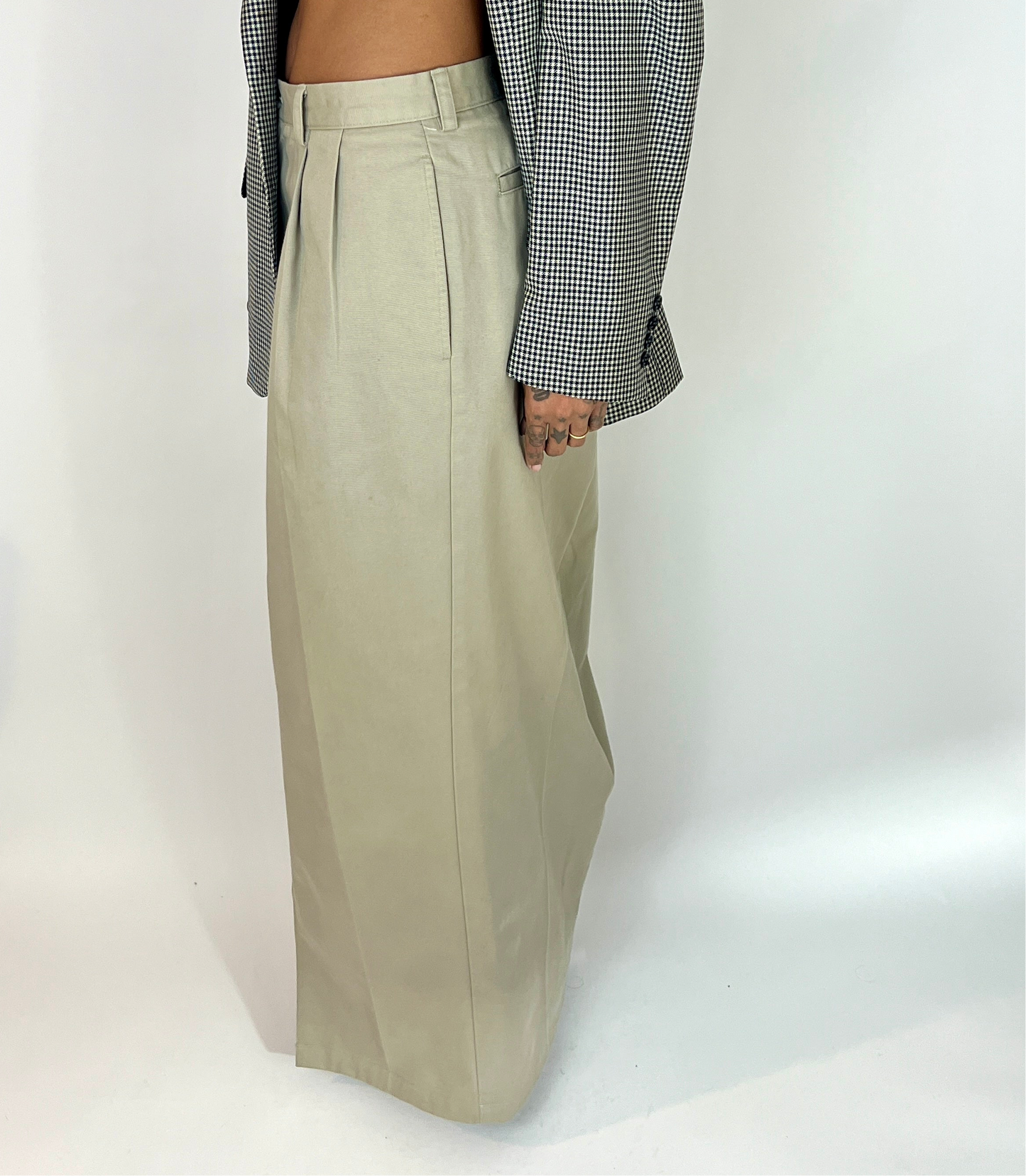 CUSTOM VTG COTTON TROUSER MAXI SKIRT, ALMOND