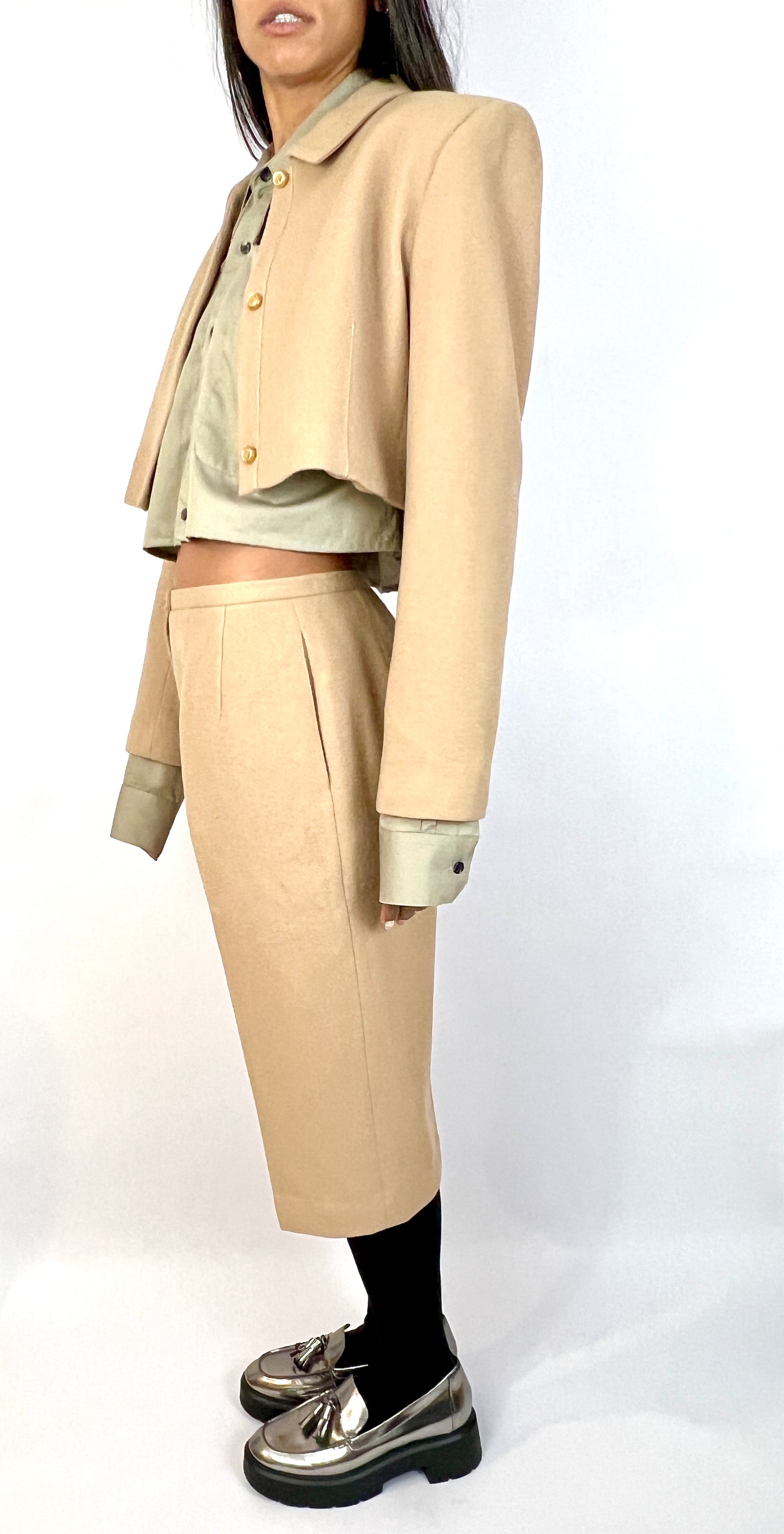 CUSTOM VTG CAMEL HAIR BOXY SUIT, CROPPED, LONG SHORTS. TRADITIONAL