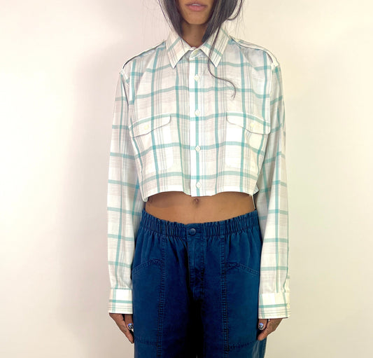 CUSTOM VTG CHRISTIAN DIOR OXFORD, GREEN PLAID. CUT-OUT BACK