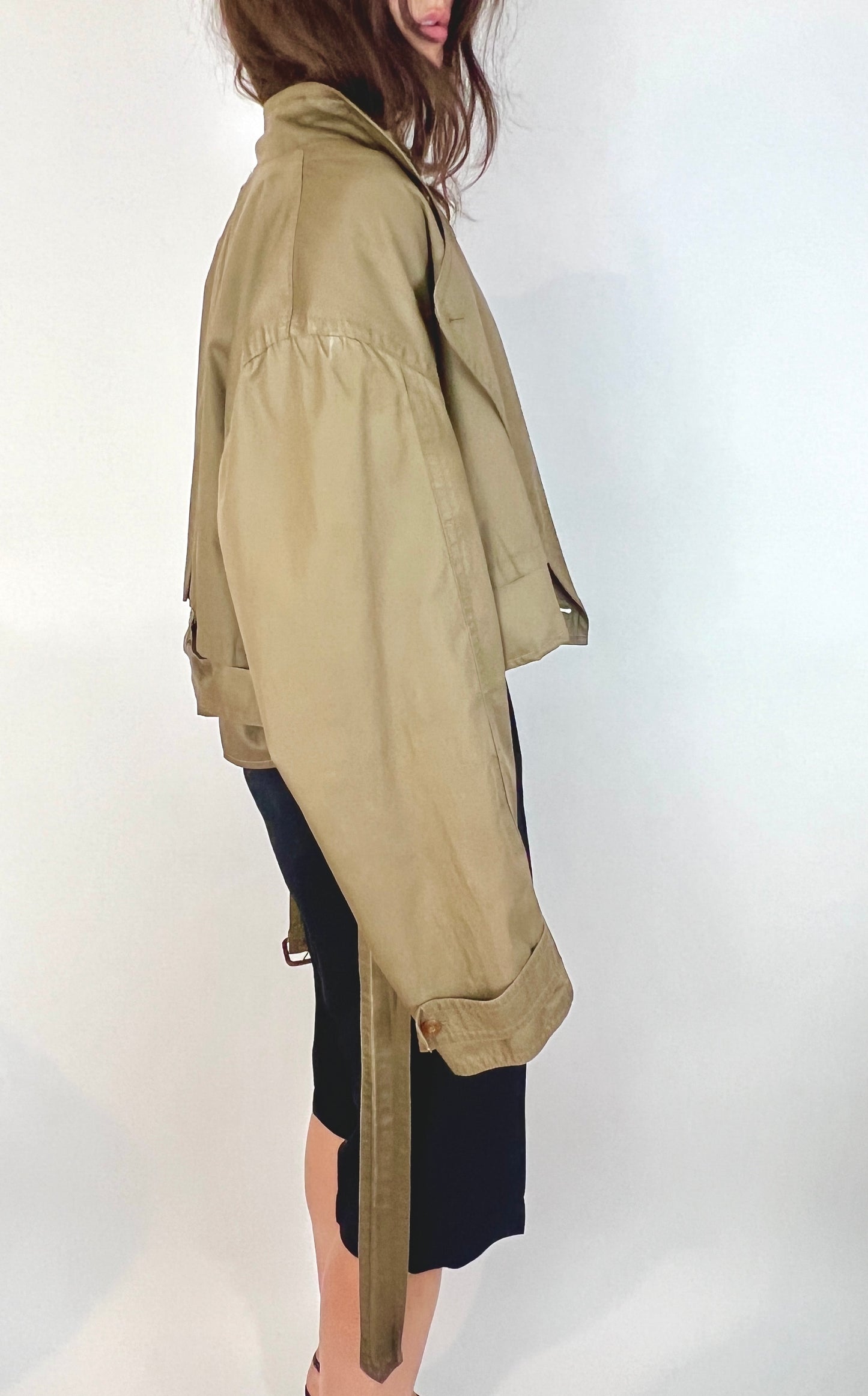 CUSTOM VTG OVERSIZED TRENCH, CROPPED JACKET. ARTICHOKE