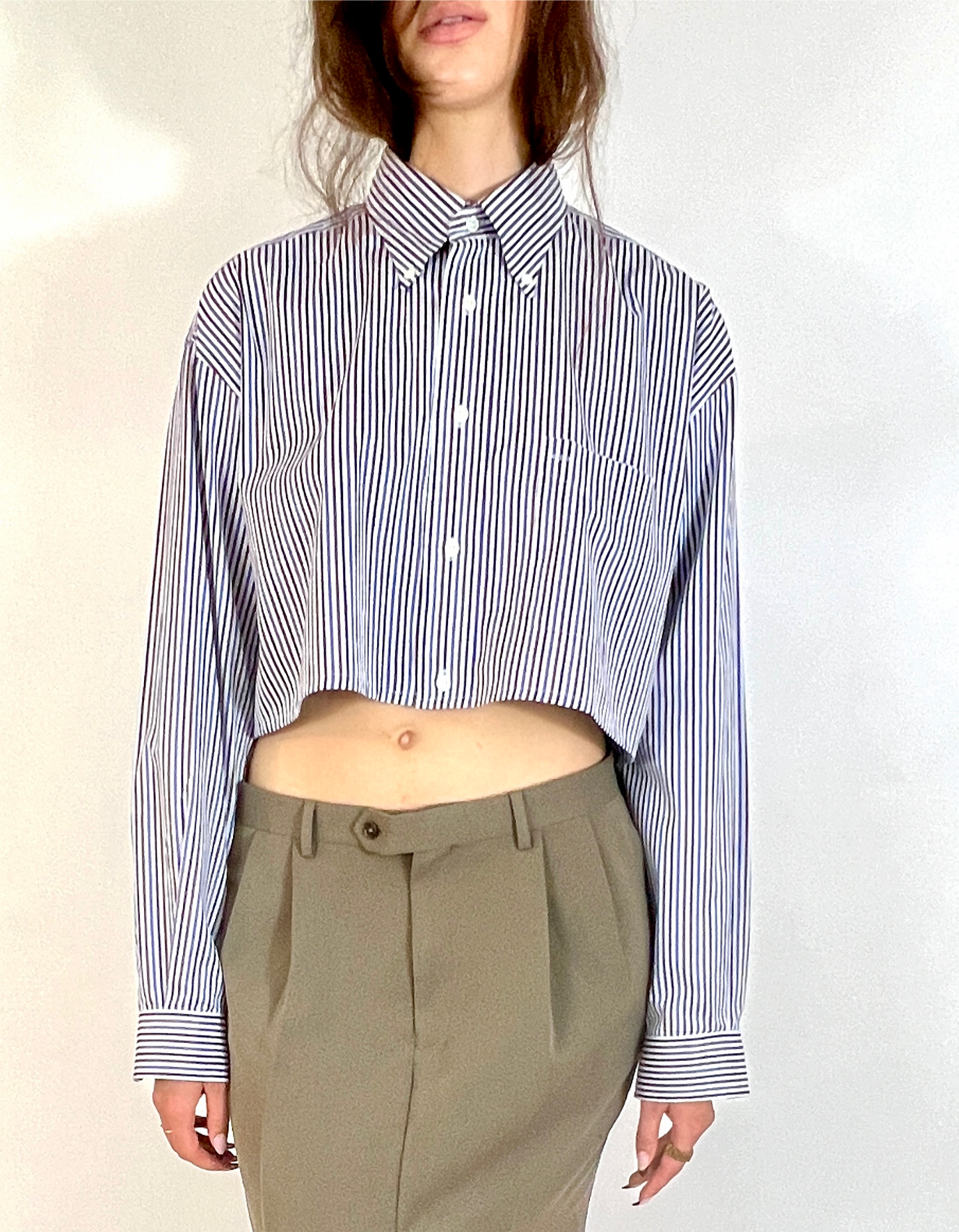 CUSTOM VTG COTTON OXFORD, BLUE & BROWN STRIPE. CROPPED