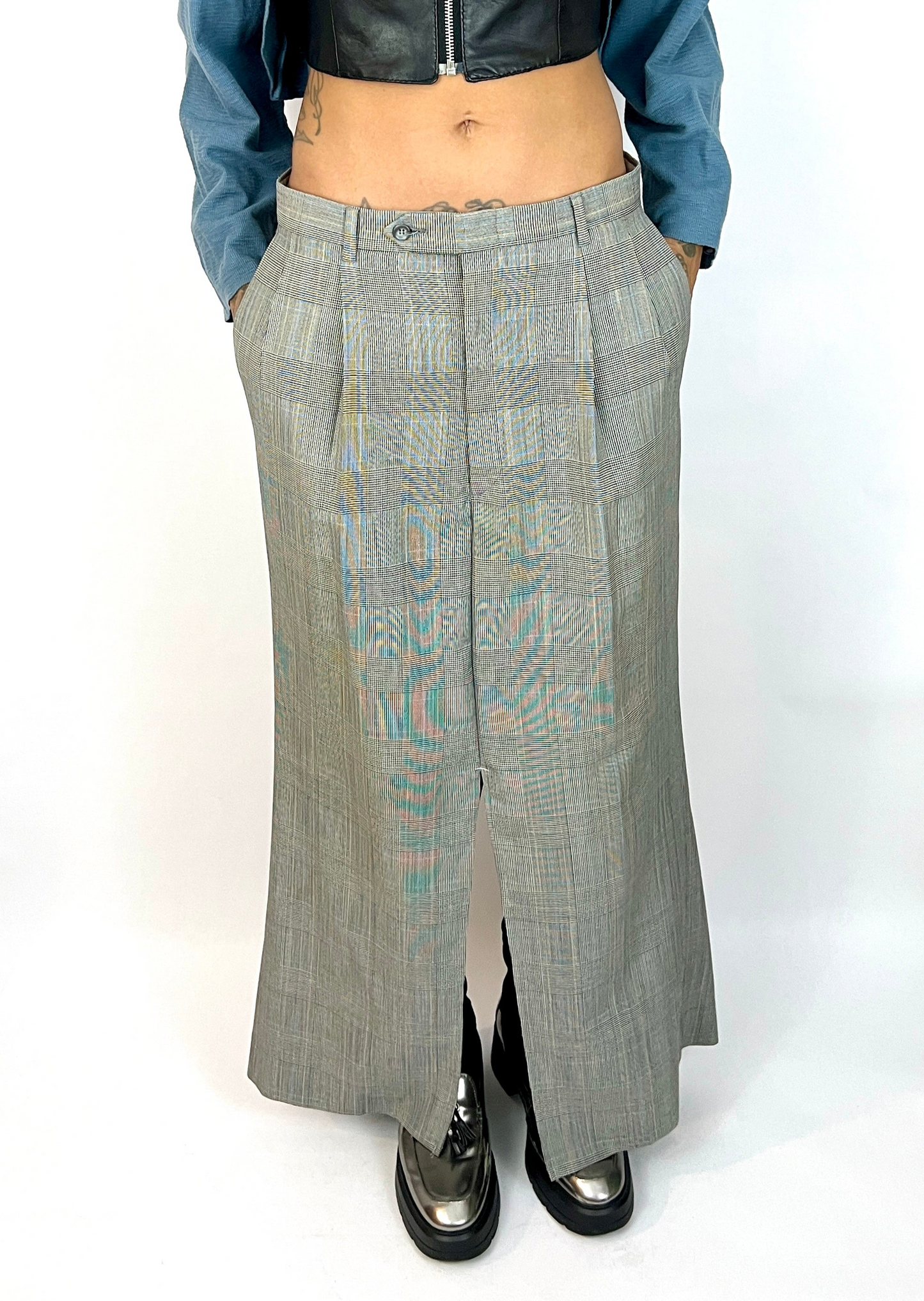 CUSTOM VTG WOOL BOXY SUIT, TROUSER MAXI. MICRO HOUNDSTOOTH PLAID