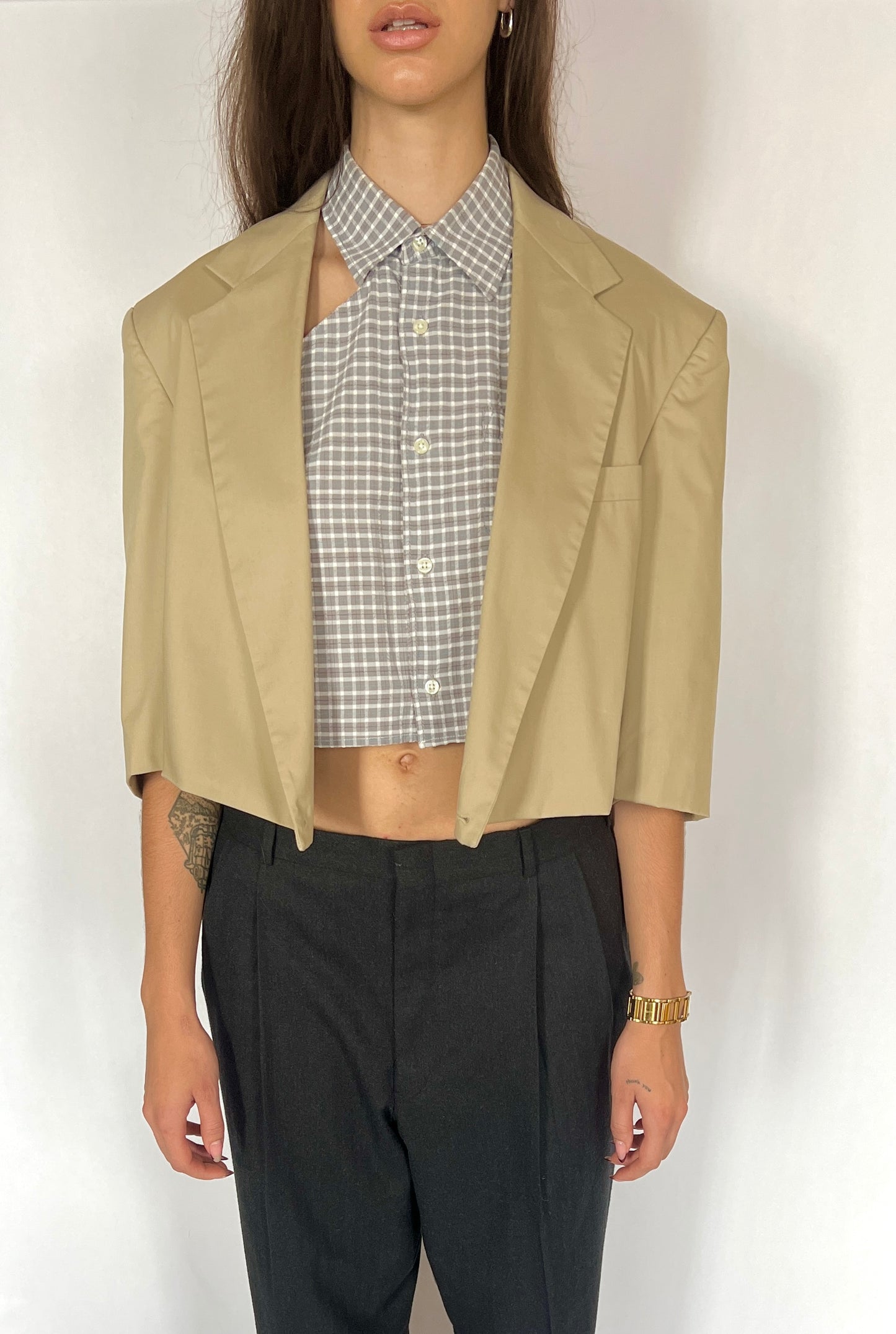 CUSTOM VTG COTTON OVERSIZED BLAZER, MUD.  CROPPED, HIGH BACK.