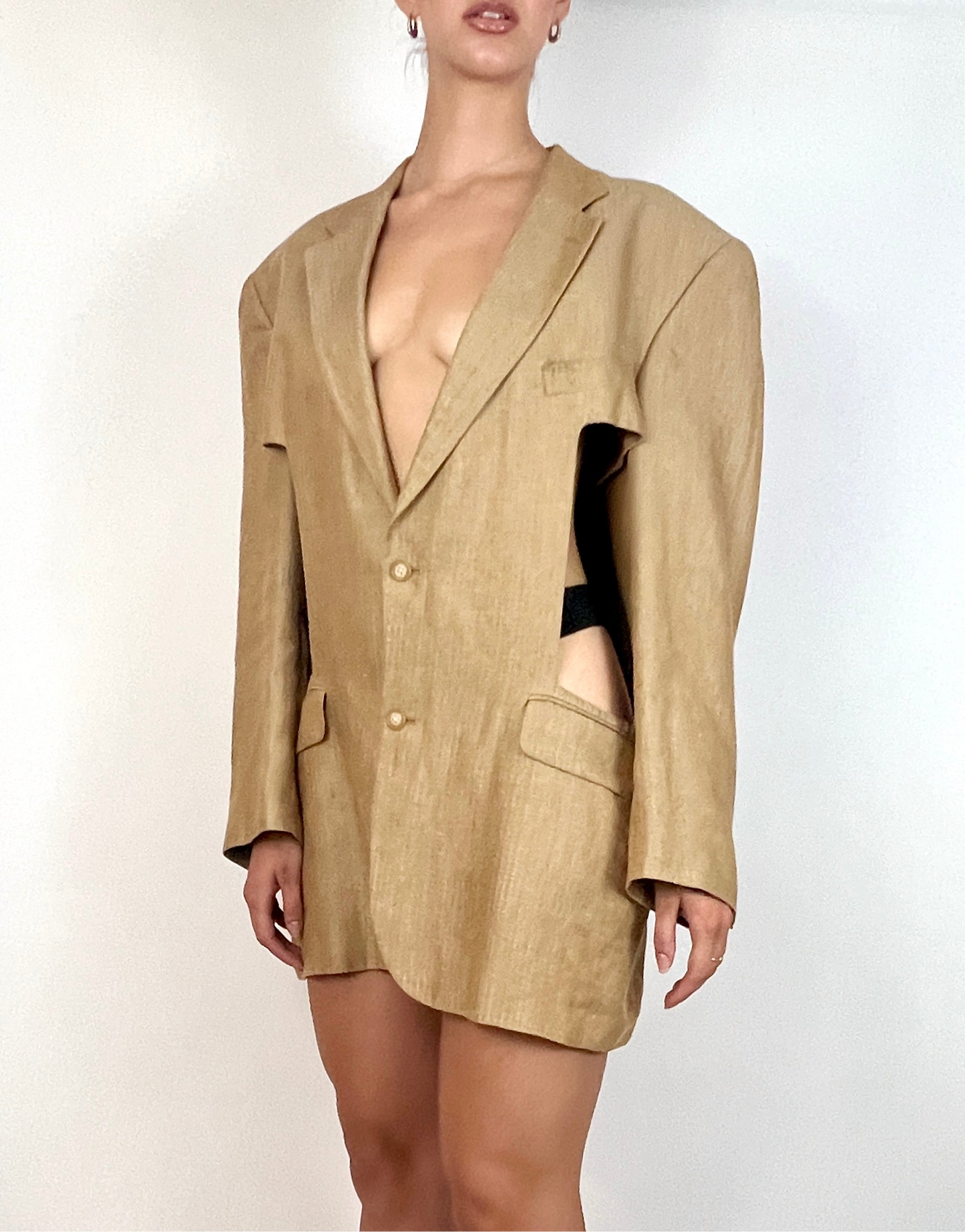 CUSTOM VTG SILK OVERSIZED BLAZER, CUT-OUT. BEIGE CHEVRON WEAVE