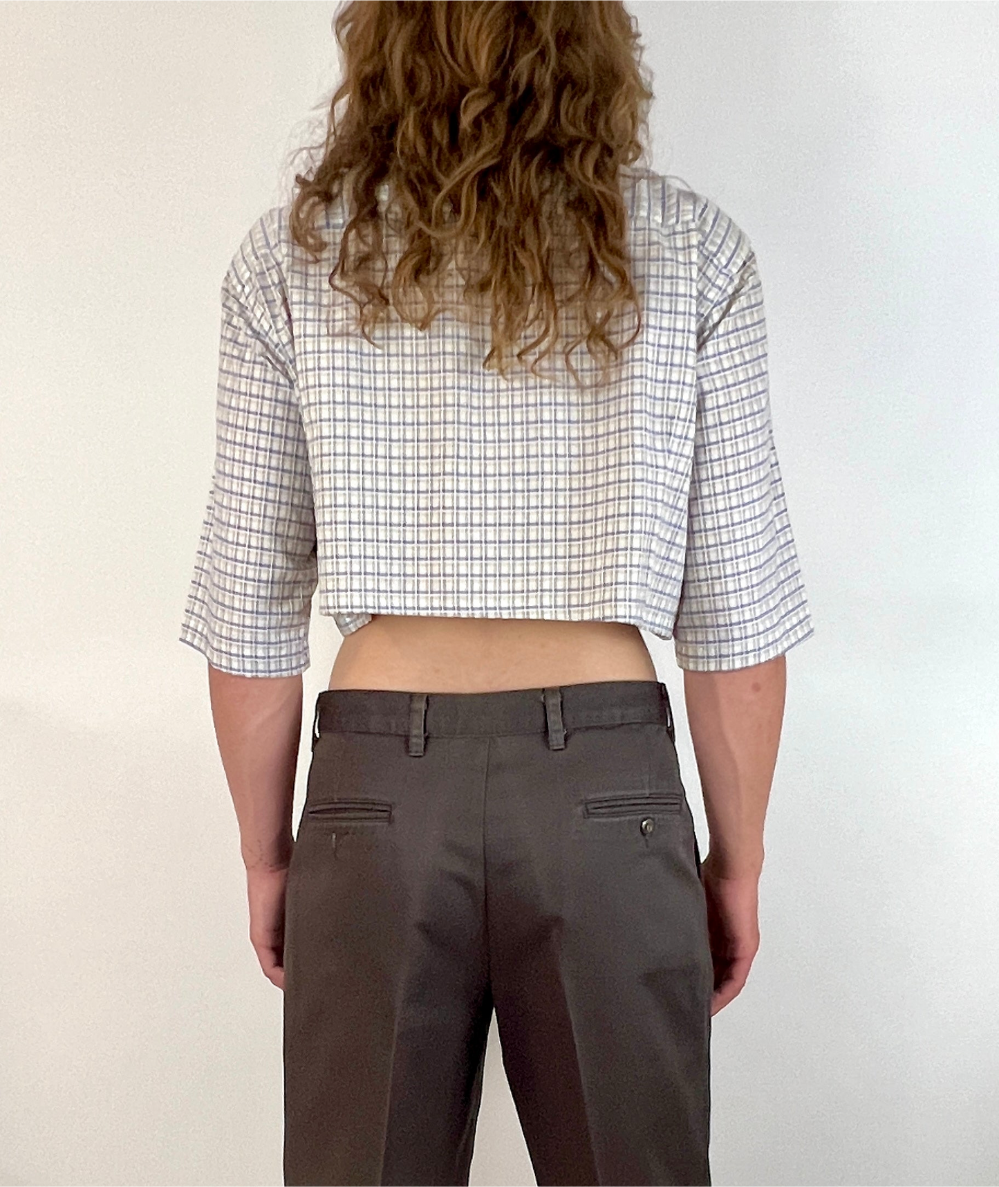 CUSTOM VTG CHRISTIAN DIOR OXFORD, SS BLUE/BROWN PLAID.  CROPPED