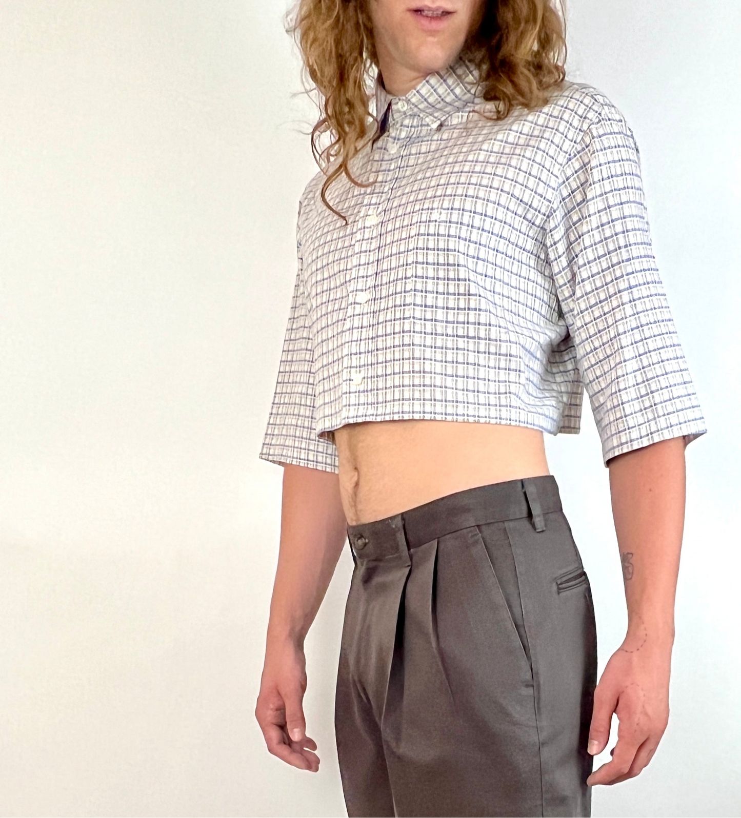 CUSTOM VTG CHRISTIAN DIOR OXFORD, SS BLUE/BROWN PLAID.  CROPPED