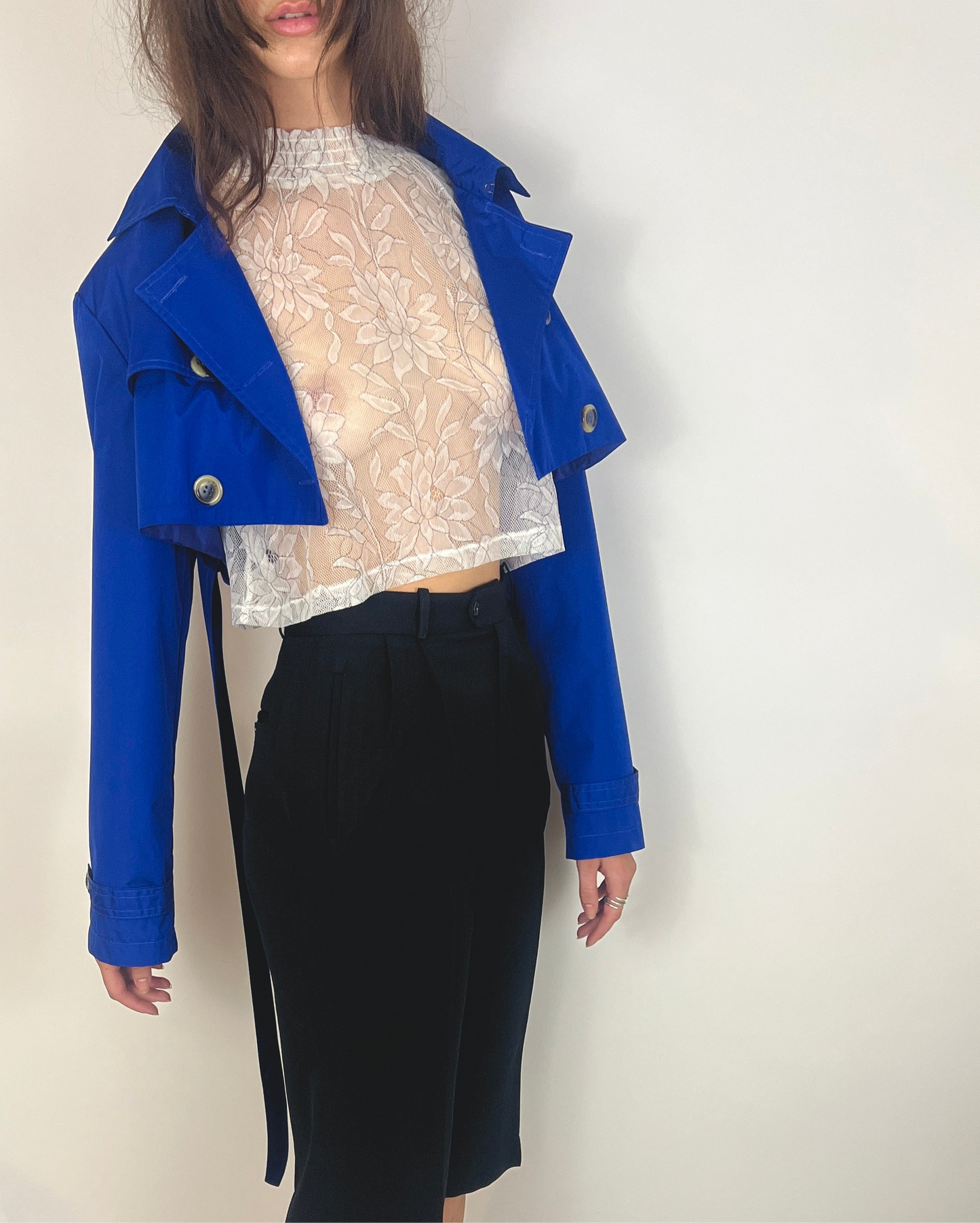 CUSTOM VTG OVERSIZED TRENCH, CROPPED JACKET. LAPIS